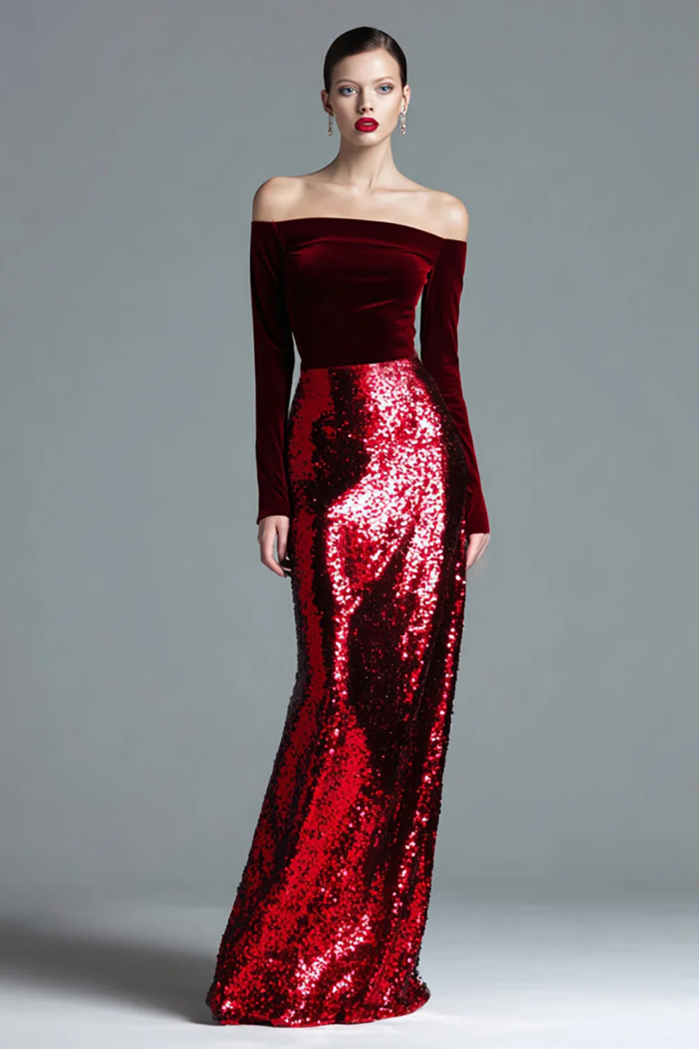 Sparkly Burgundy Velvet Long Off the Shoulder Holiday Party Dress with Sleeves - JUORTHO