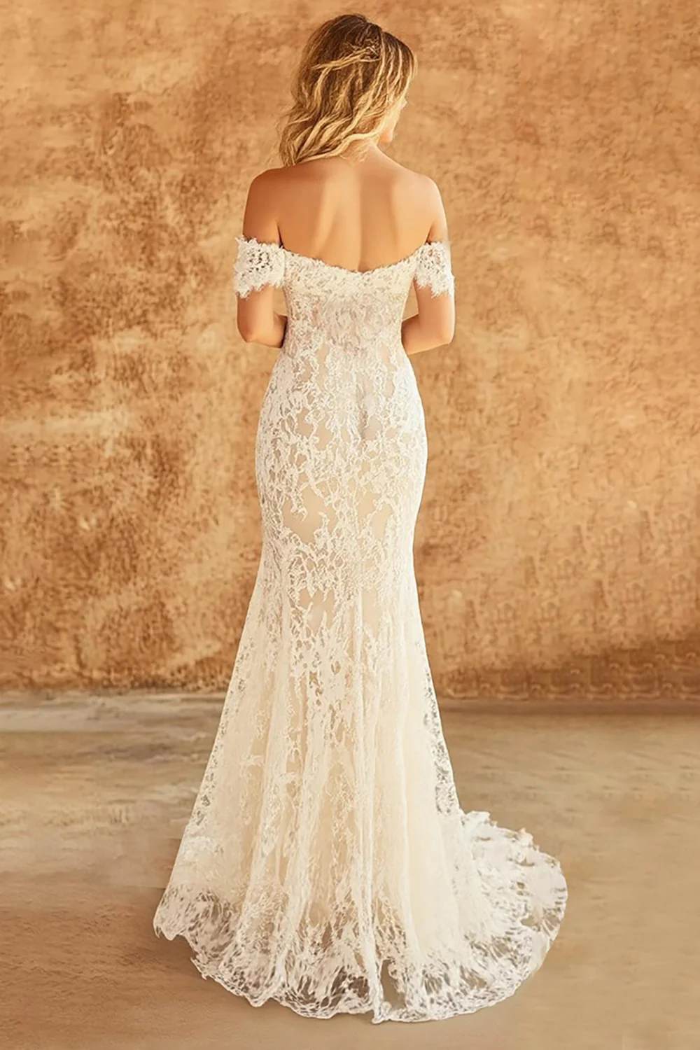 White Mermaid Off the Shoulder Lace Long Wedding Dress - JUORTHO
