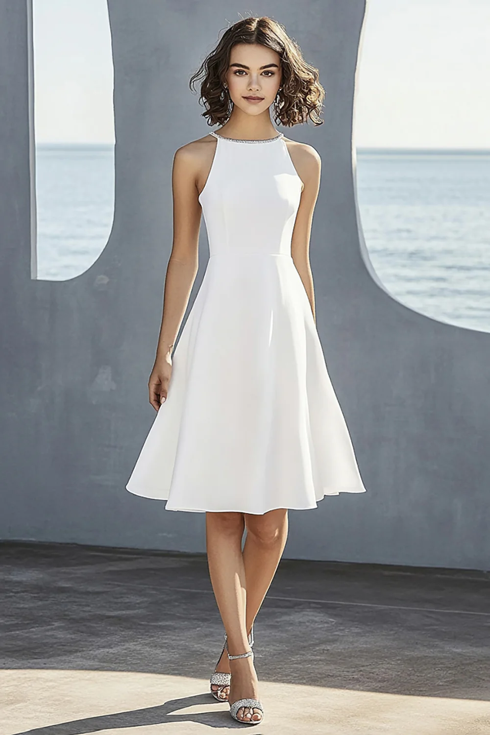 Ivory Satin A Line Halter Little White Dress - JUORTHO
