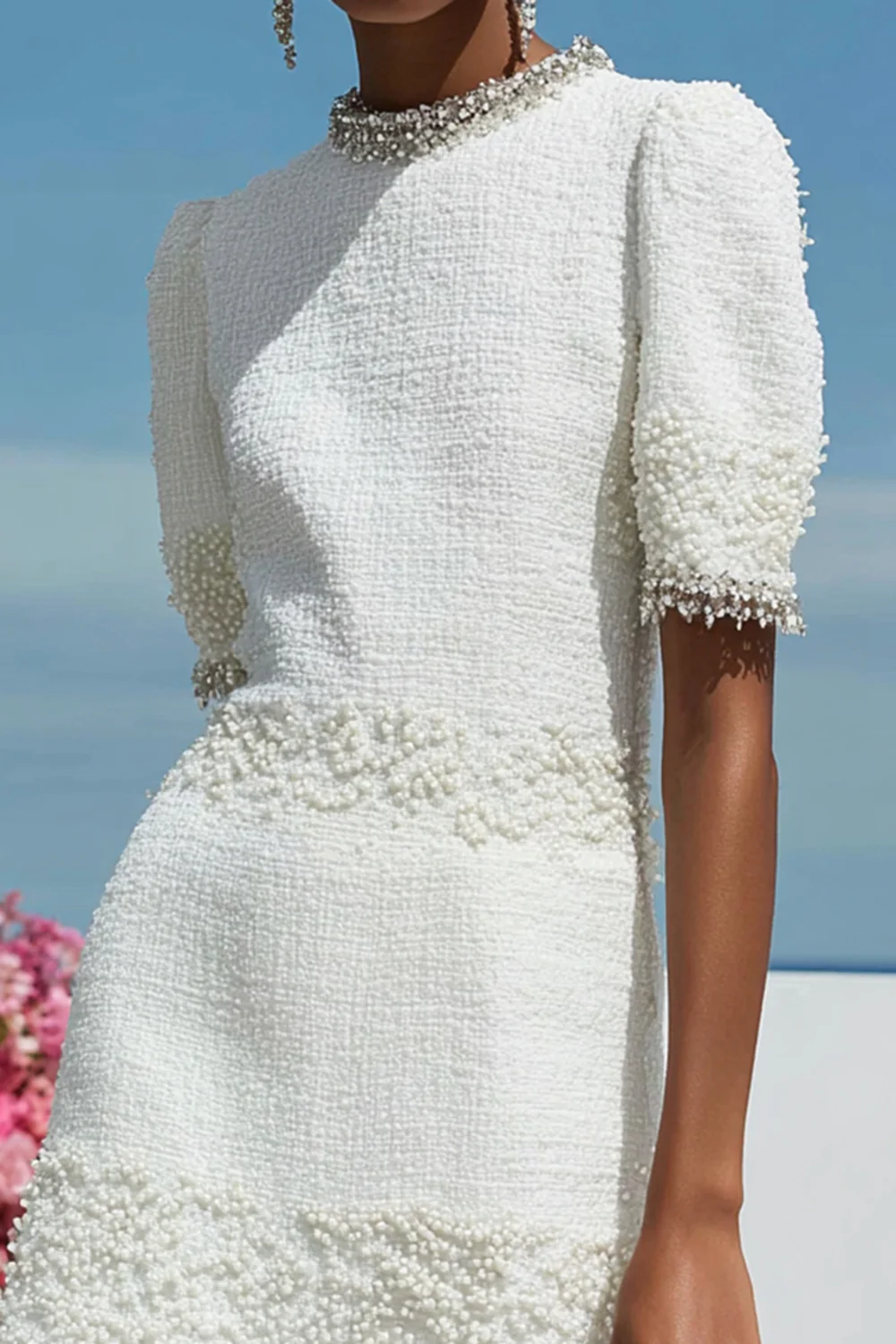 Sparkly White Tweed Tight Short Homecoming Dress with Pearls - JUORTHO