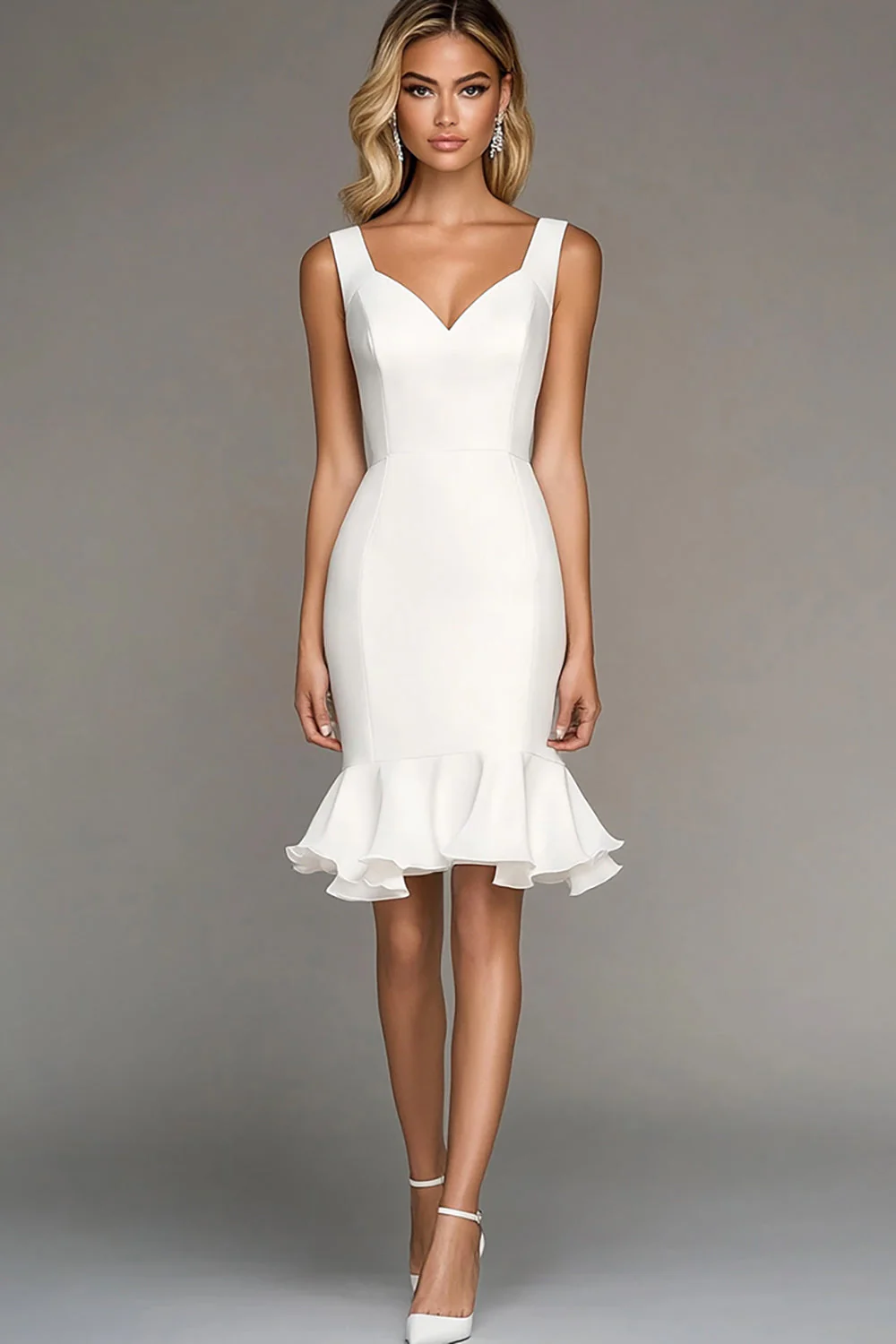Ivory Bodycon Satin Midi Work Dress with Ruffles - JUORTHO
