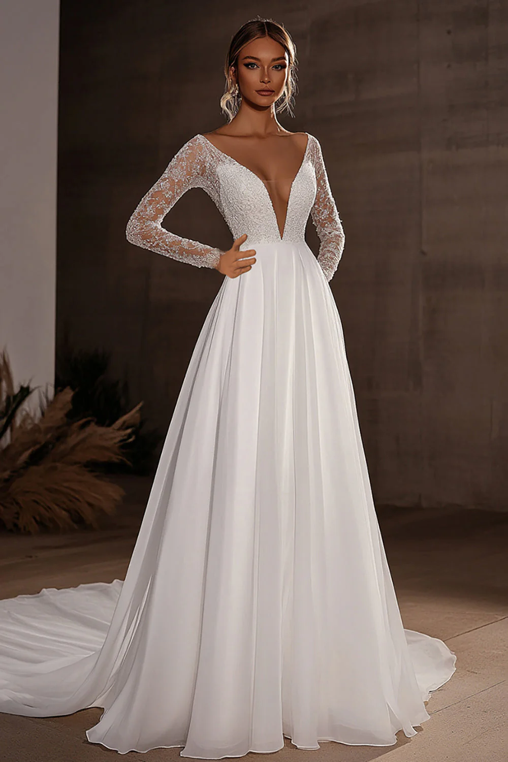 Ivory V Neck Lace Long Sleeve Tulle A Line Wedding Dress with Train - JUORTHO