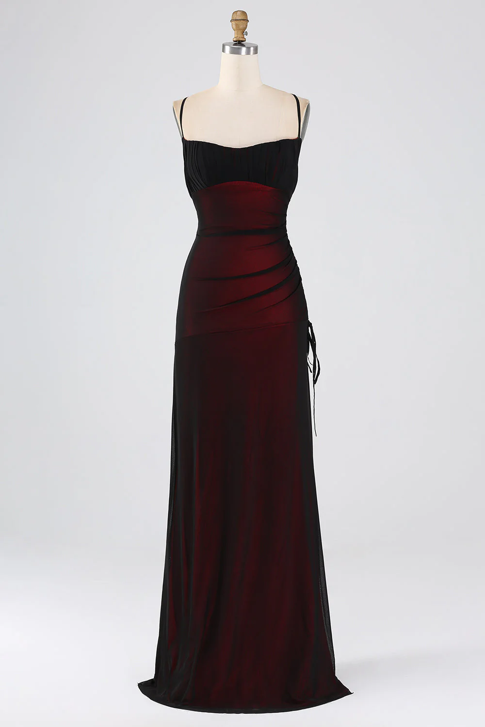 Black Red Spaghetti Straps Mermaid Pleated Long Bridesmaid Dress with Slit - JUORTHO