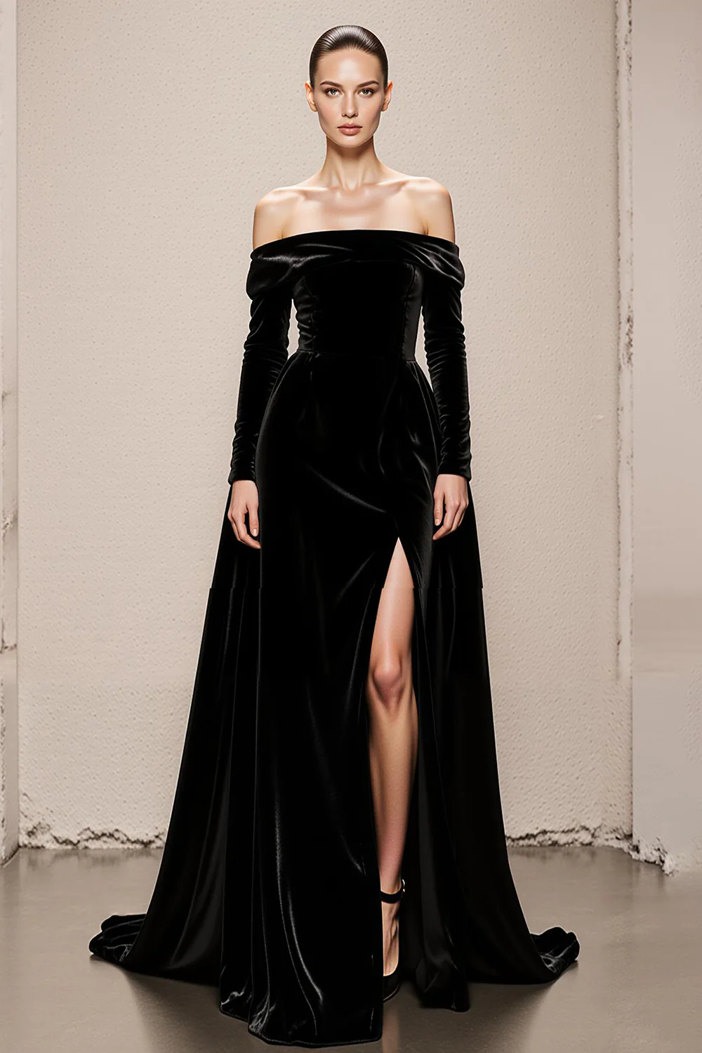 Black Velvet A Line Off the Shoulder Long Holiday Party Dress with Slit - JUORTHO