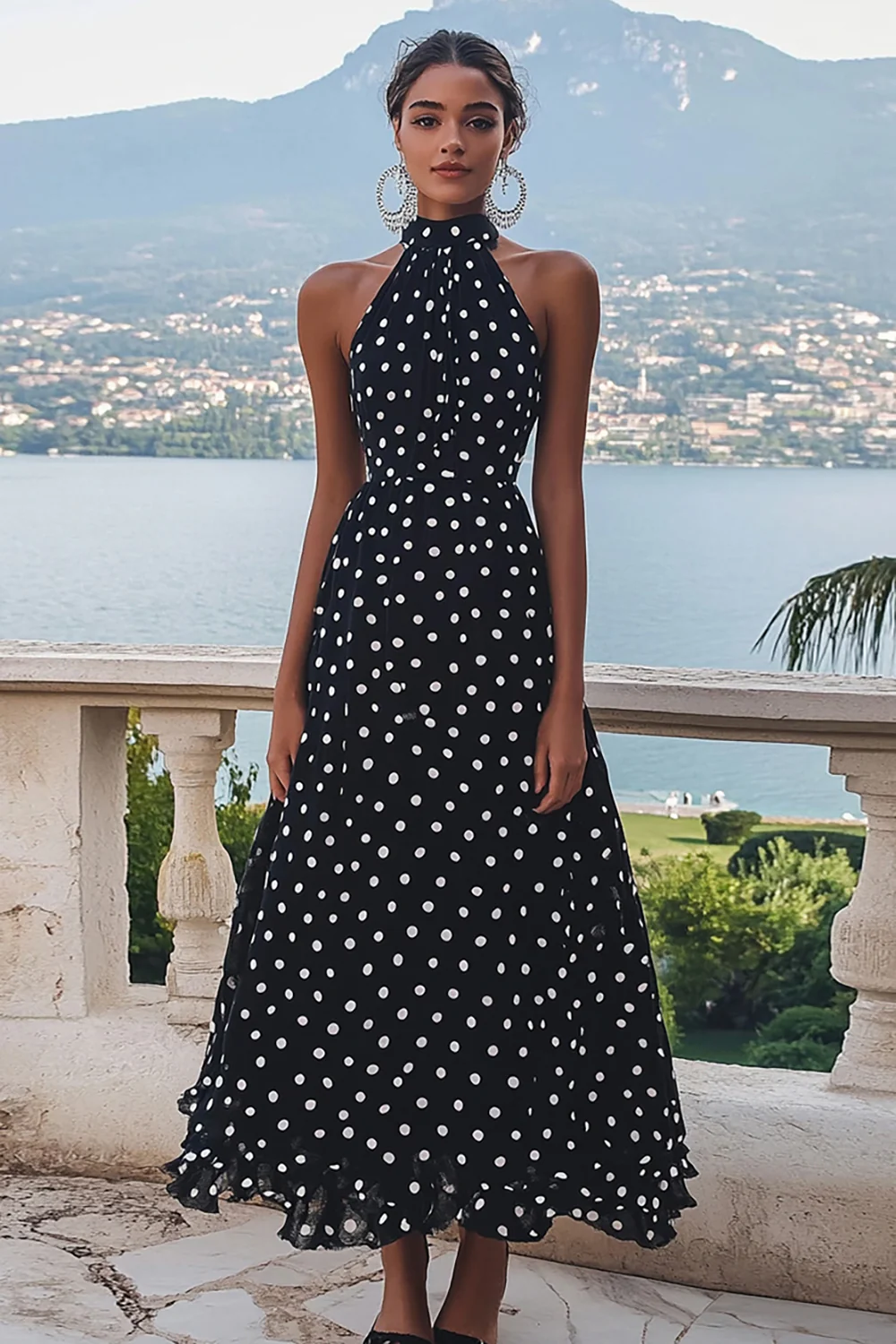 High Neck Chiffon Black and White A Line Boho Maxi Polka Dot Dress - JUORTHO