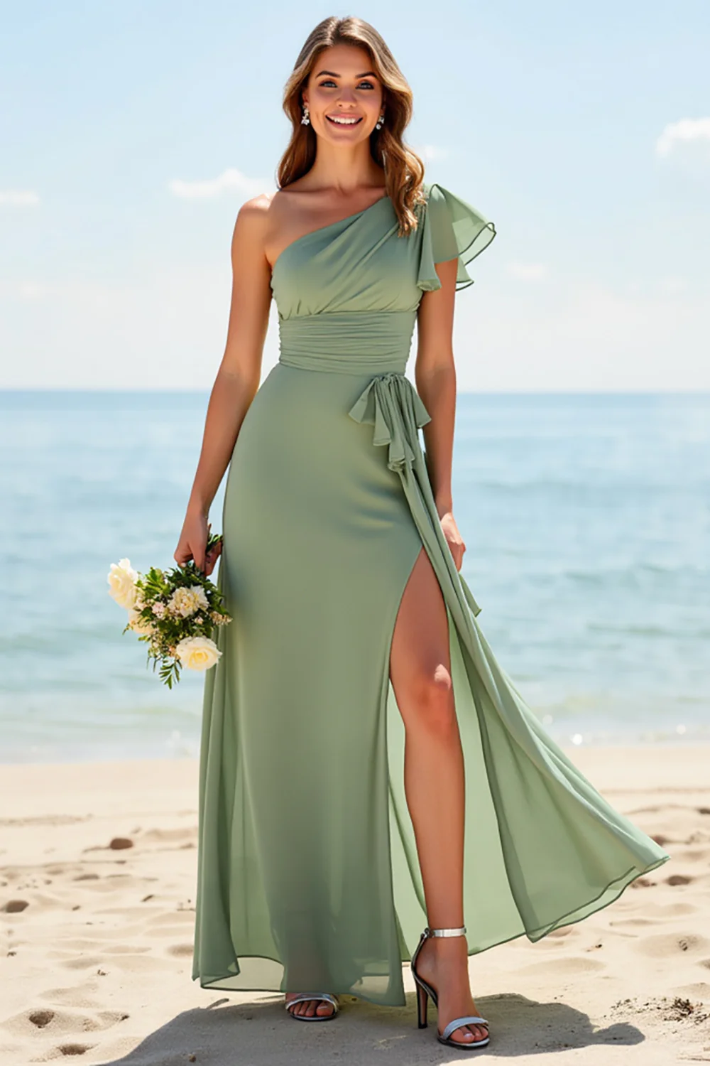Dusty Sage Sheath Chiffon Boho Long Bridesmaid Dress with Slit - JUORTHO