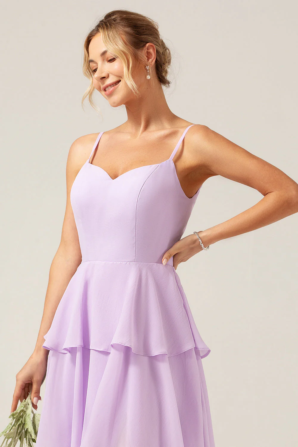 Lilac A Line Spaghetti Straps Tiered Chiffon Bridesmaid Dress with Slit - JUORTHO