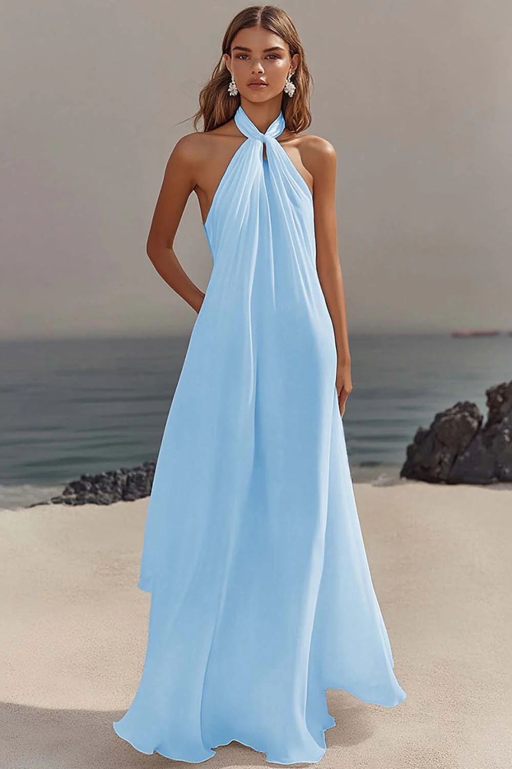 Chiffon White A Line Halter Long Rehearsal Dinner Dress - JUORTHO