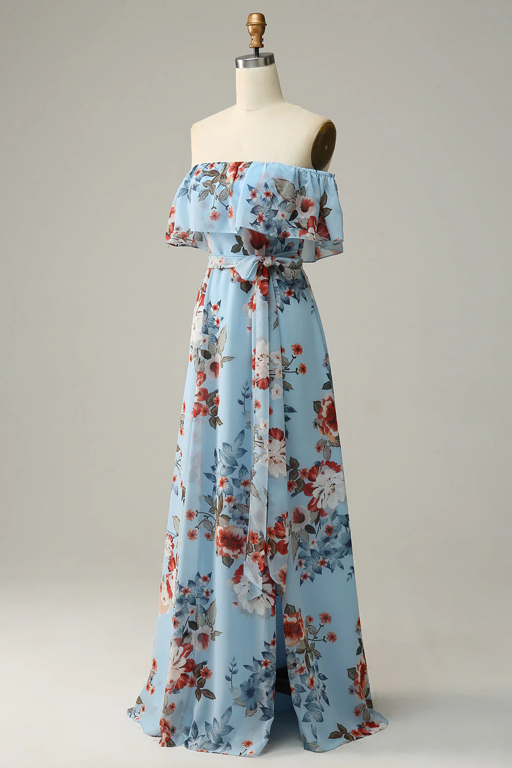 Dark Blue Floral Boho Chiffon Long Bridesmaid Dress - JUORTHO