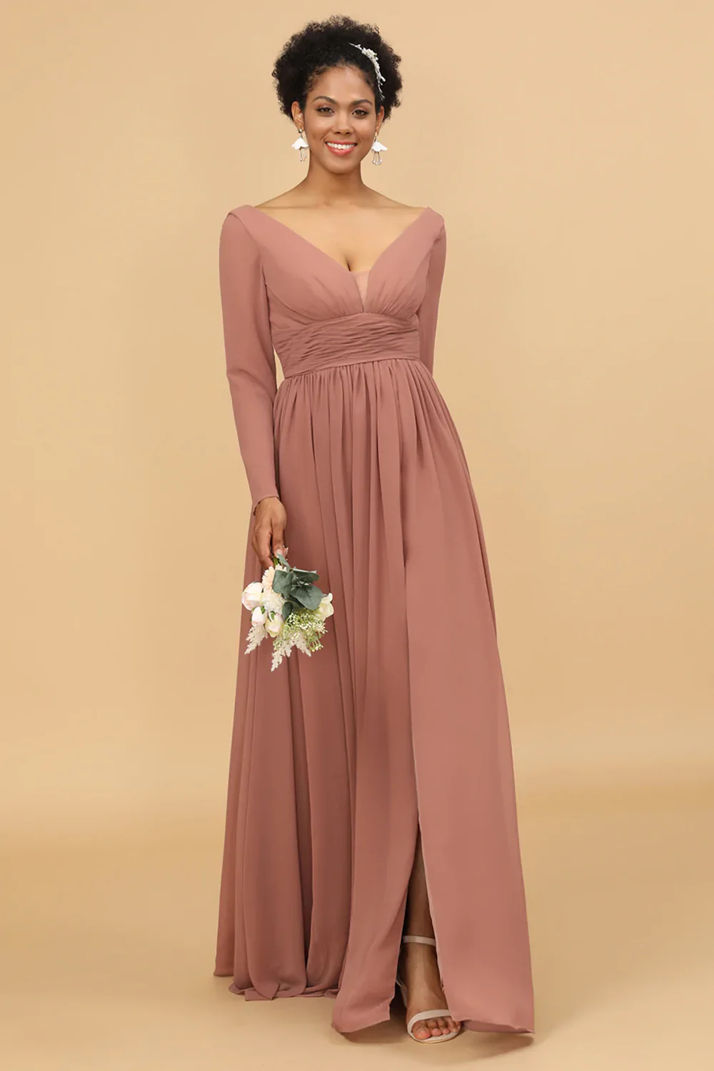 Blush V-Neck Long Sleeves Bridesmaid Dress - JUORTHO
