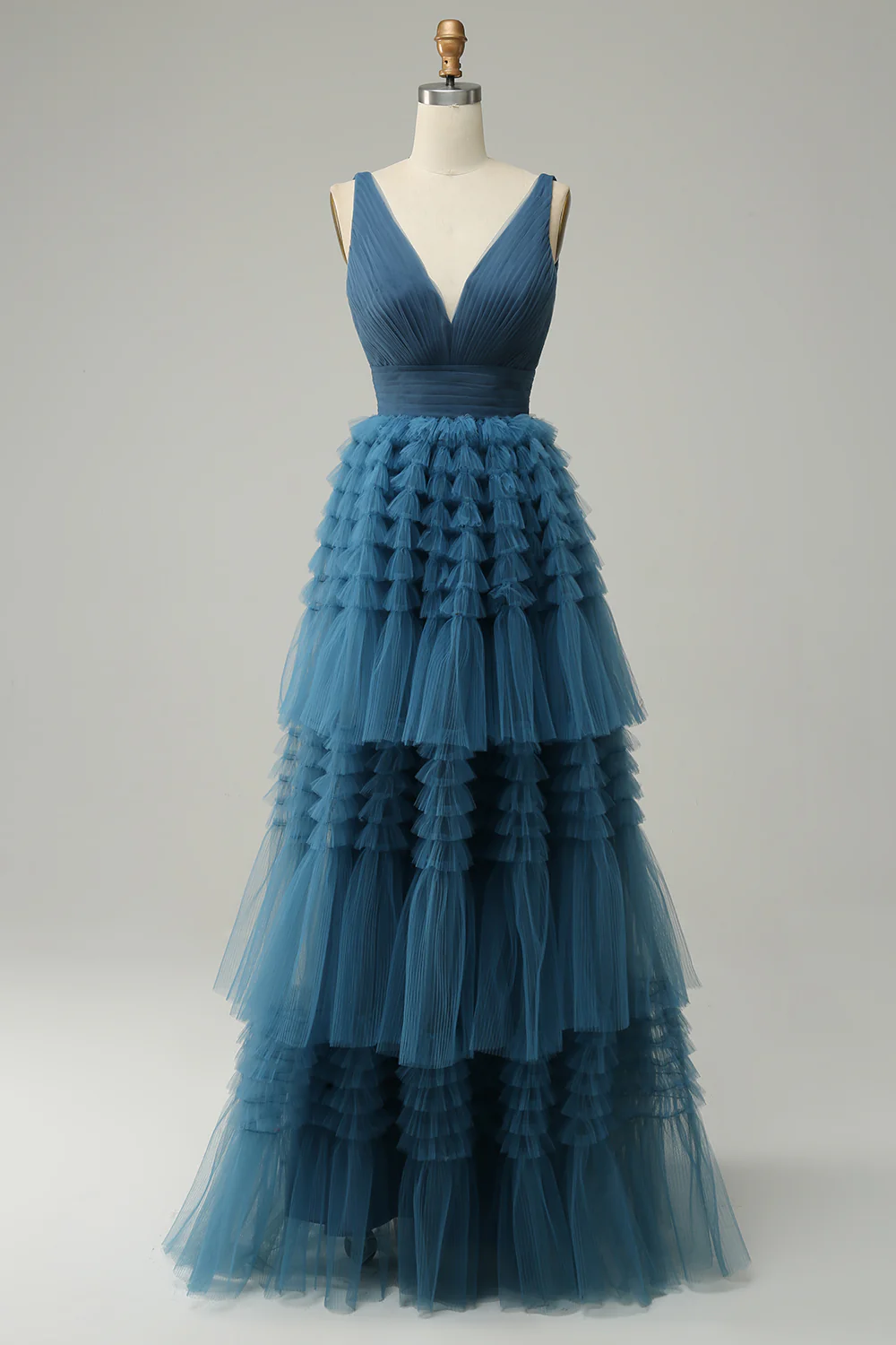 A Line V-neck Blue Tiered Prom Dress - JUORTHO