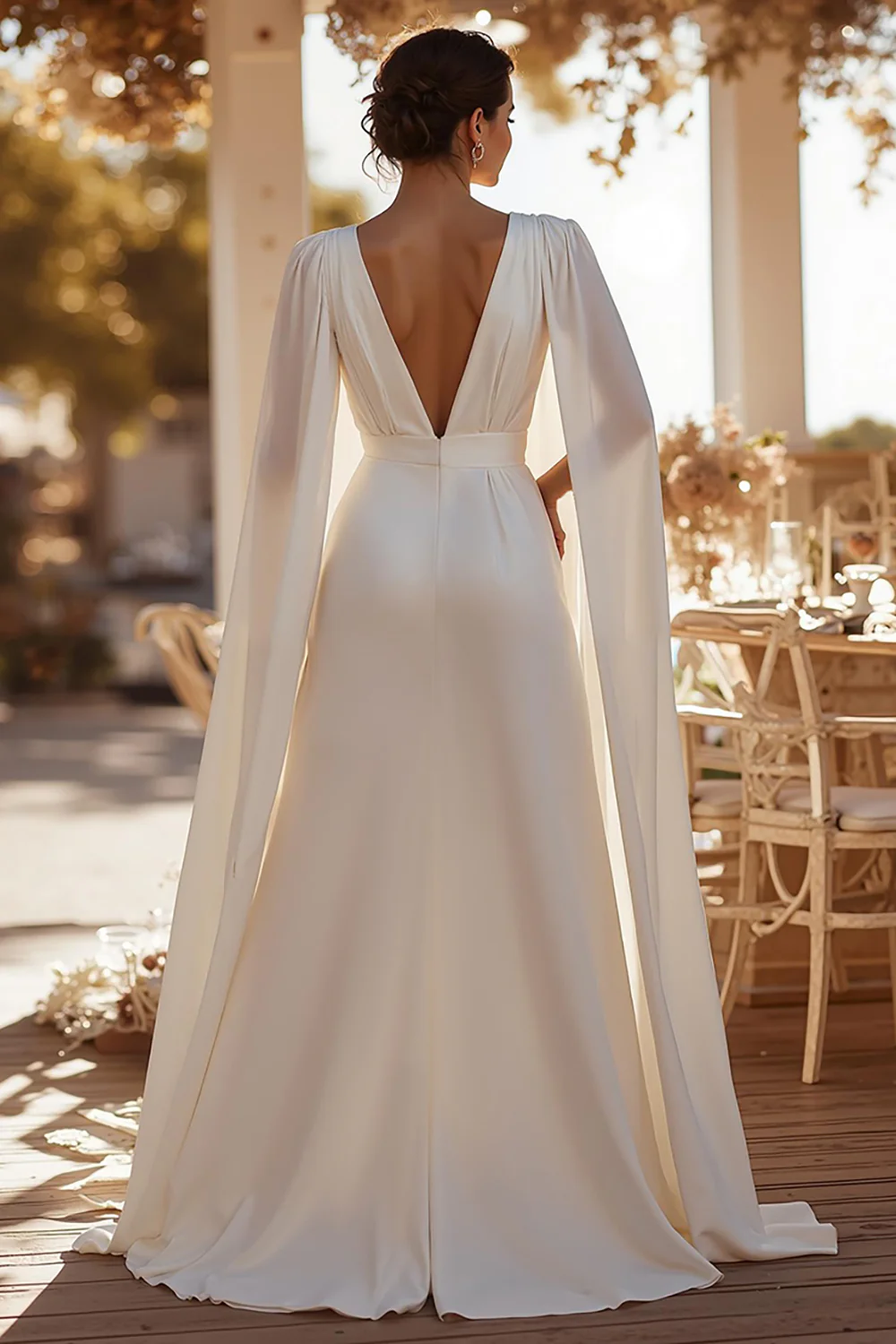 White Deep V-Neck Sweep Train Bridal Jumpsuits with Cape - JUORTHO