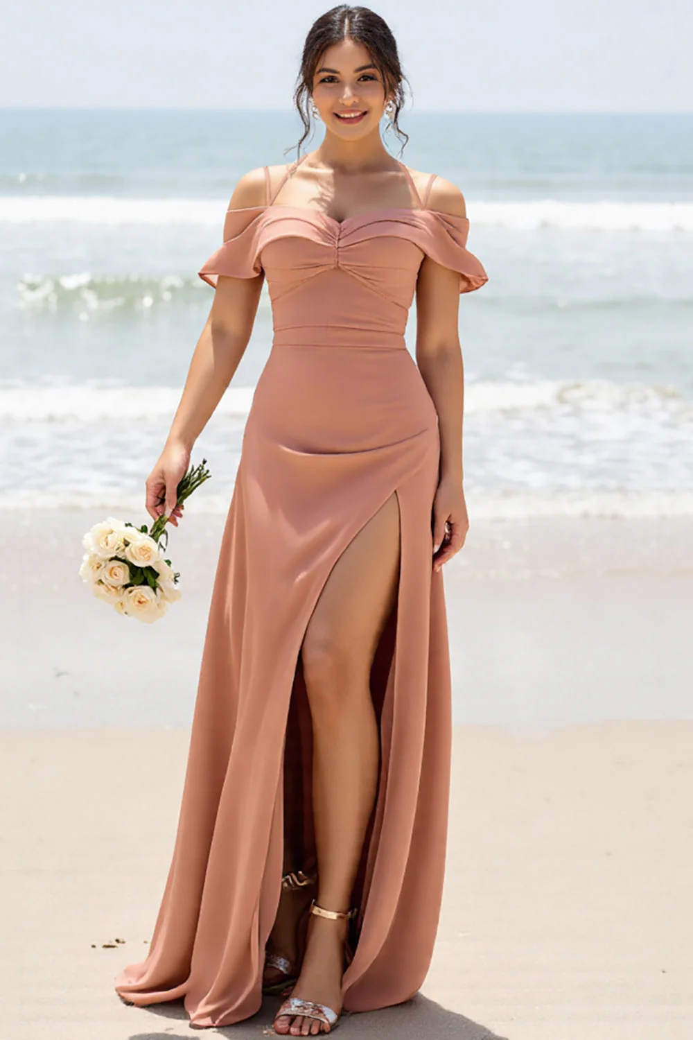 Sunset Sheath Cold Shoulder Long Bridesmaid Dress with Slit - JUORTHO