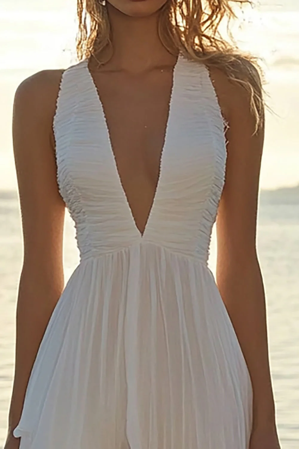 White V-Neck Chiffon High-Low V Neck A Line Graduation Dress - JUORTHO