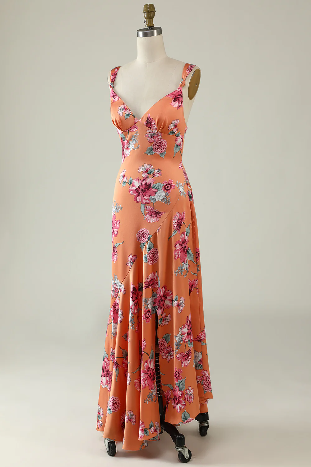 Orange Flower Printed Satin Bridesmaid Dress - JUORTHO