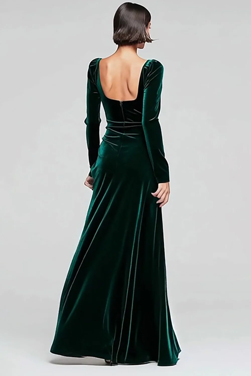 Dark Green Sheath Velvet Square Neck Long Sleeves Holiday Party Dress with Slit - JUORTHO