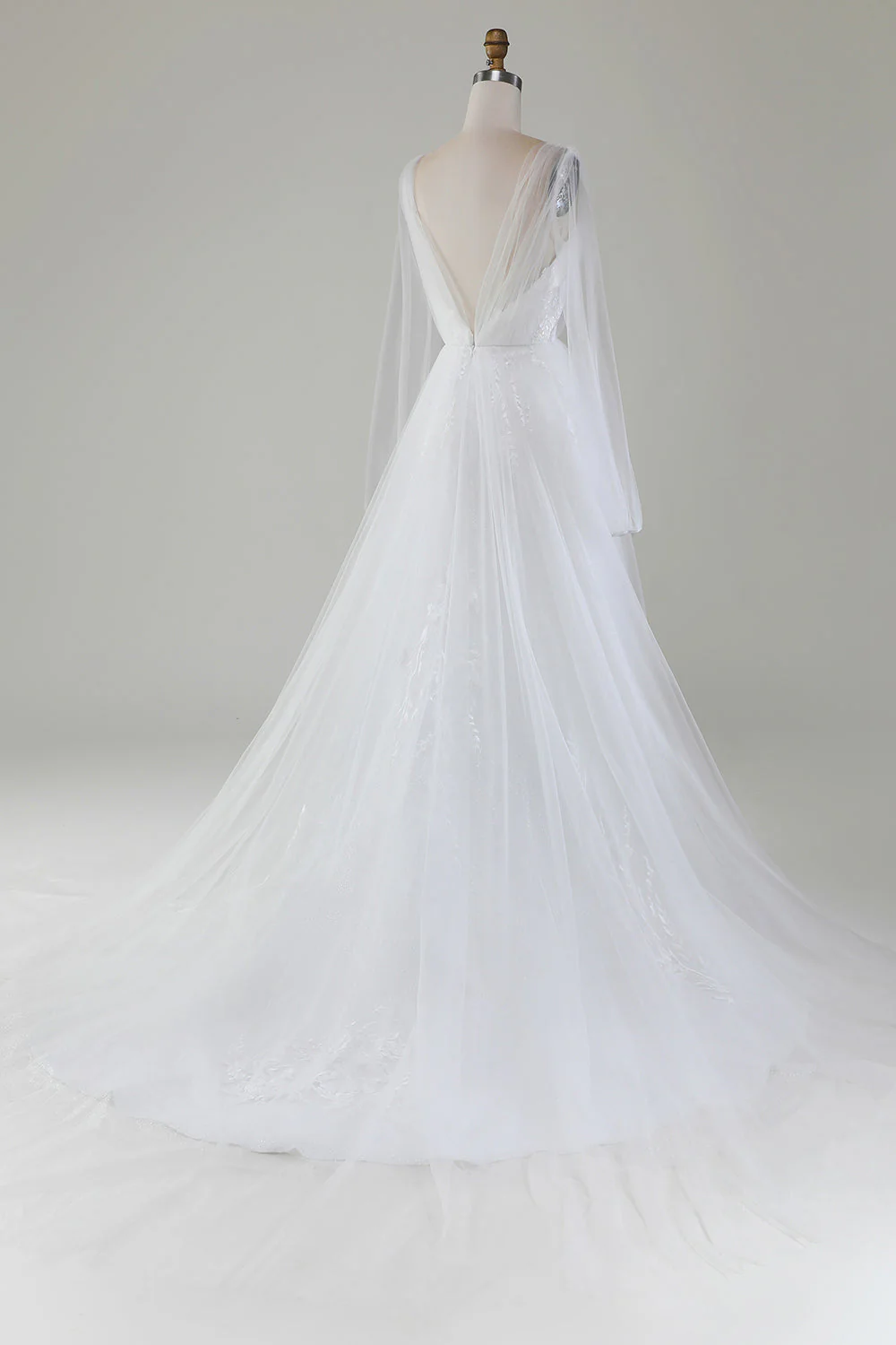 Ivory A-Line V-Neck Pleated Tulle Wedding Dress With Long Sleeves - JUORTHO