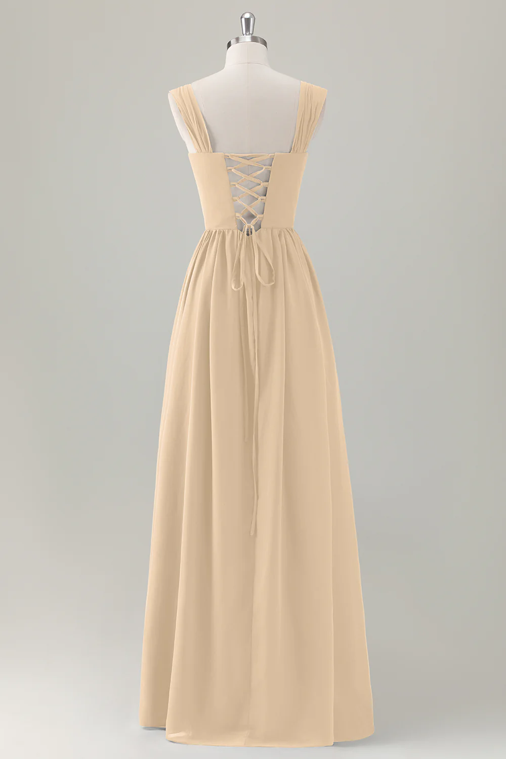 Champagne Corset A-Line Square Neck Long Bridesmaid Dress with Lace Up Back - JUORTHO