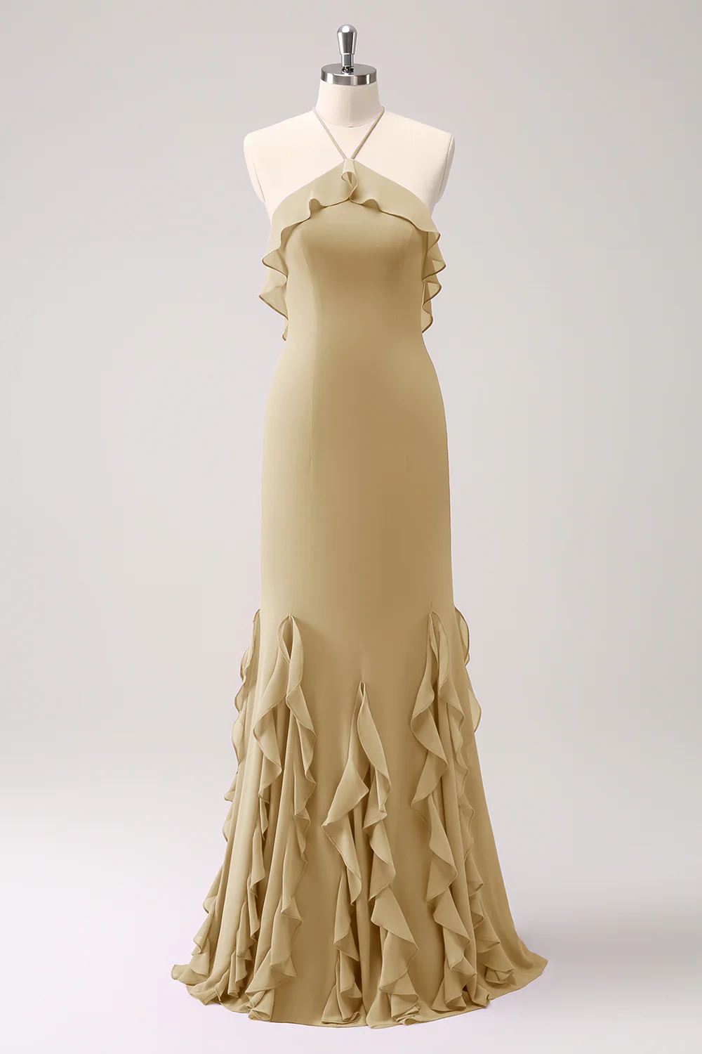 Tahiti Mermaid Halter Ruffle Chiffon Long Bridesmaid Dress - JUORTHO