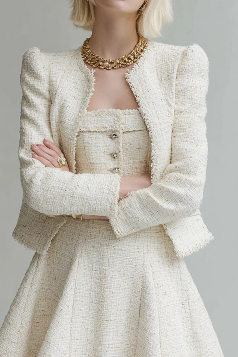 White 2 Piece Tweed Long Sleeves Homecoming Outfits - JUORTHO