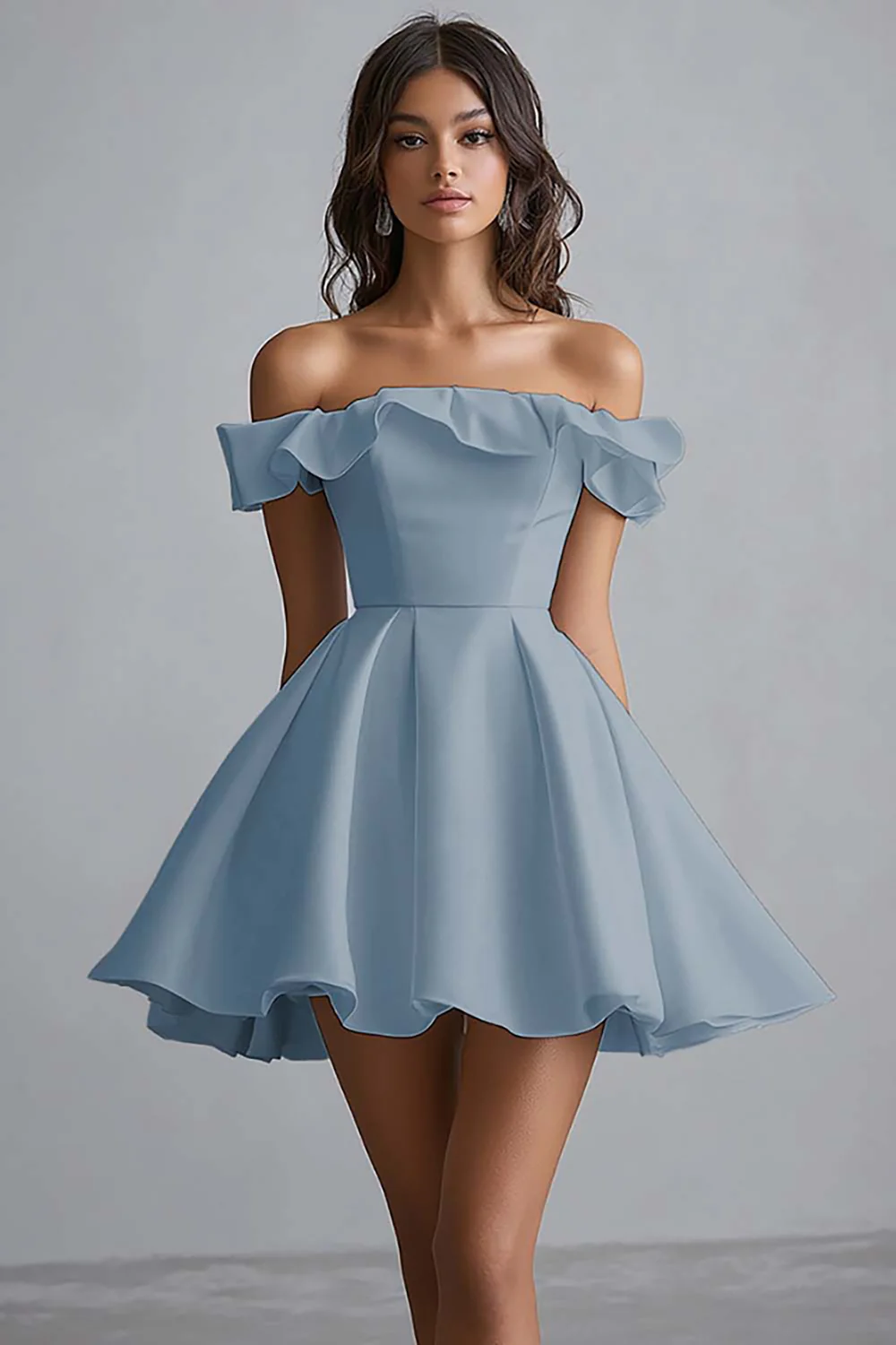 A Line White Satin Off the Shoulder Mini Graduation Dress with Ruffles - JUORTHO