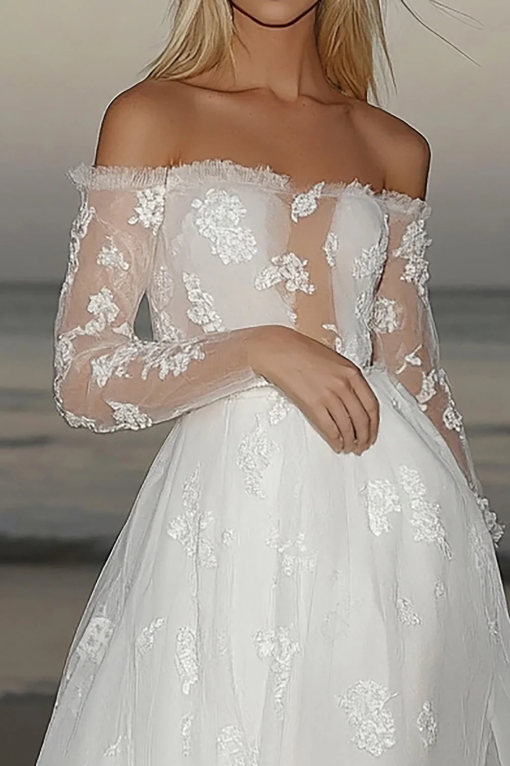 Romantic Ivory A Line Tulle Long Sleeve Wedding Dress with Lace Appliques - JUORTHO