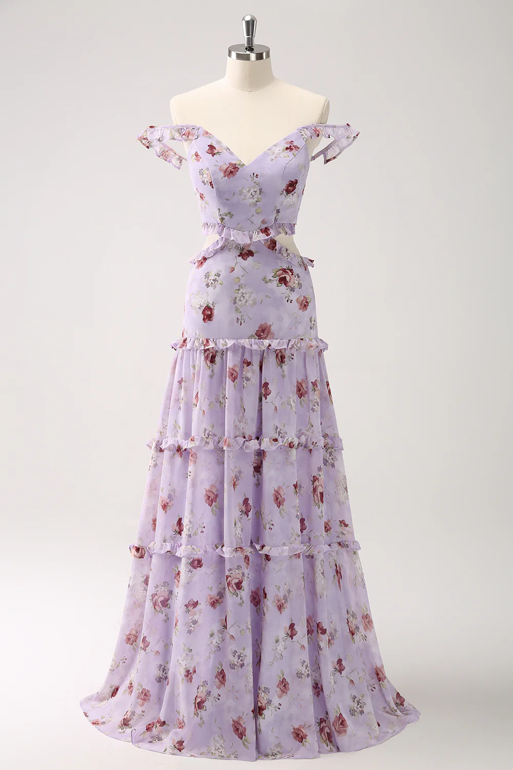 Grey Purple Floral A Line Long Bridesmaid Dress - JUORTHO