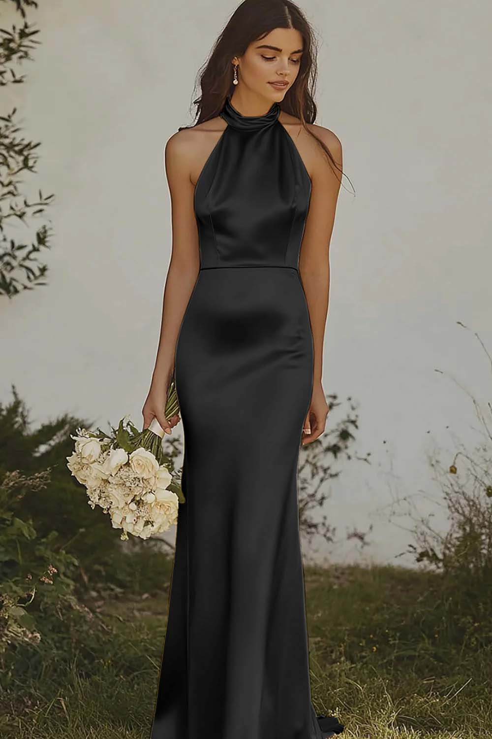 Mermaid Light Yellow Halter Long Satin Bridesmaid Dress - JUORTHO