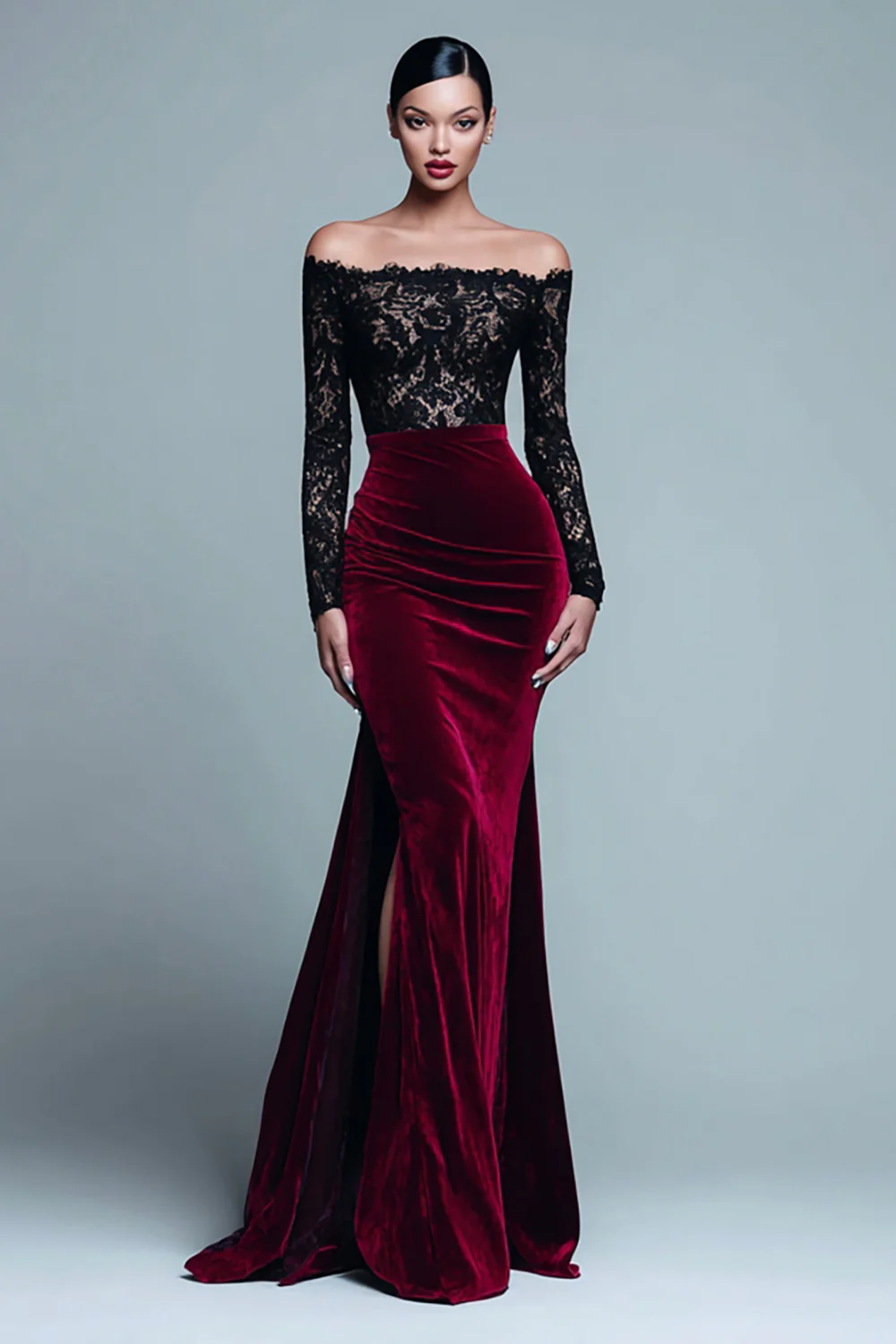 Black and Burgundy Mermaid Velvet Long Sleeves Holiday Party Dress with Lace - JUORTHO