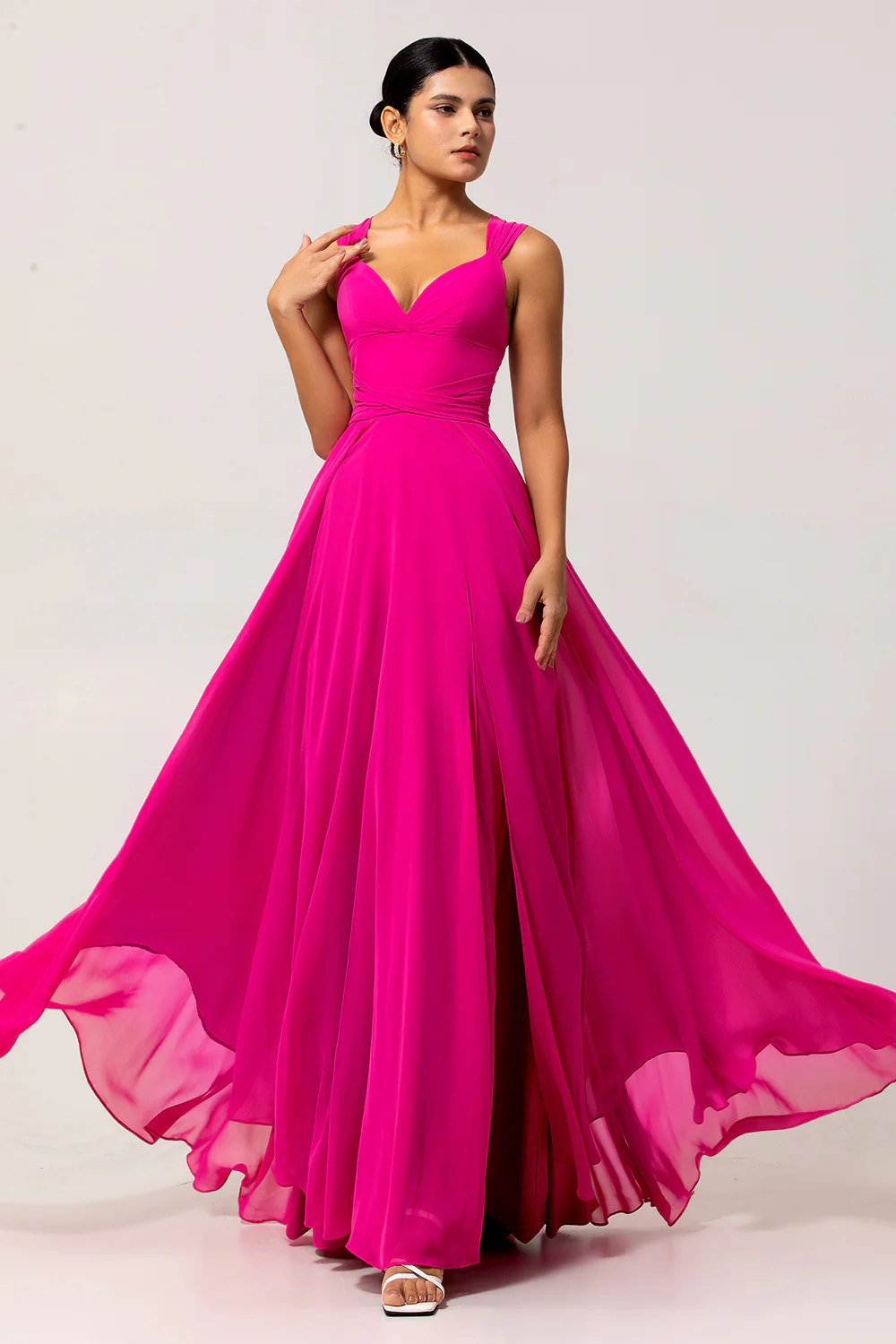 Fuchsia A Line Chiffon Long Bridesmaid Dress with Slit - JUORTHO