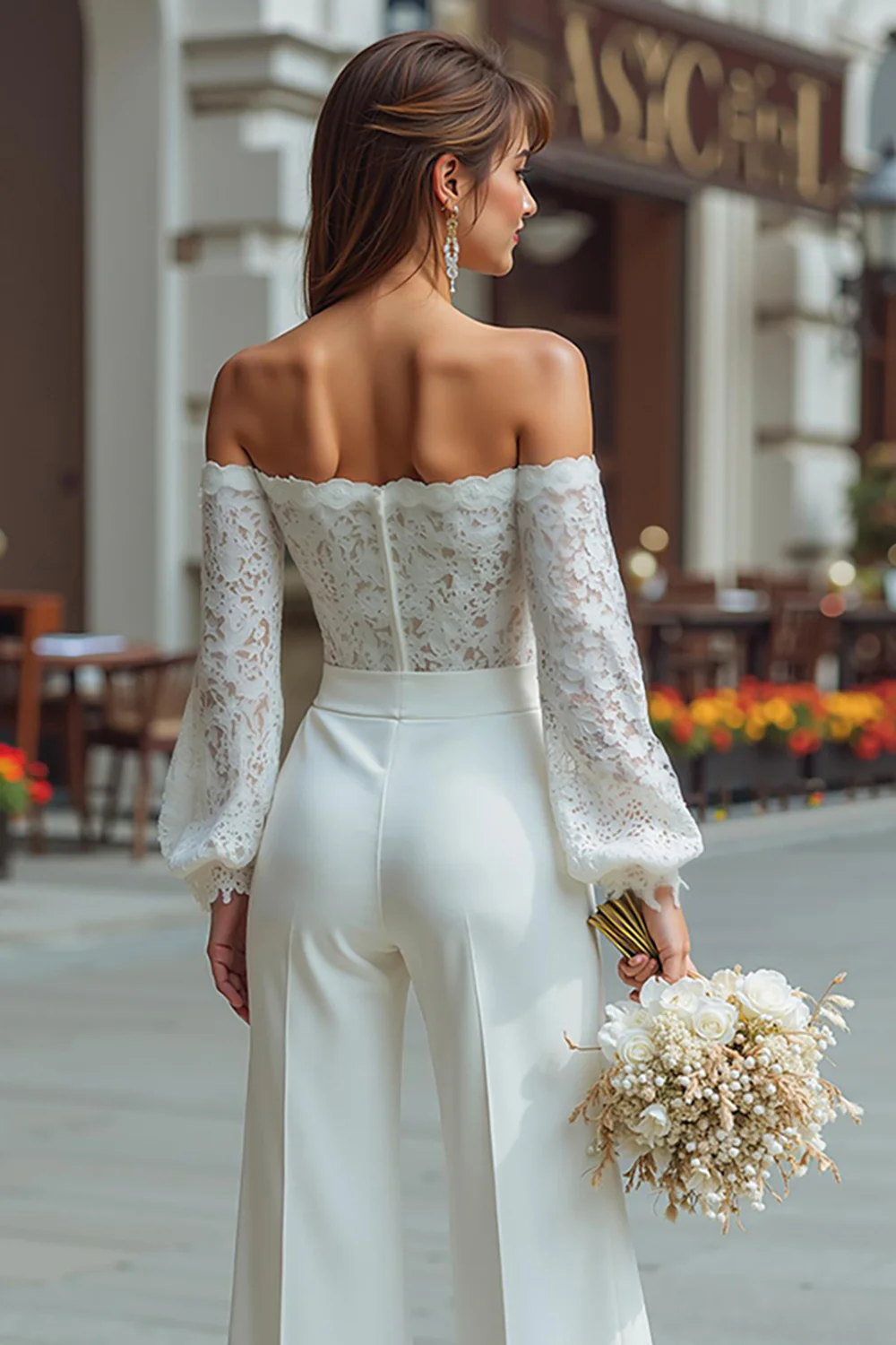 White Wide Leg Long Sleeves Bridal Jumpsuits with Appliques - JUORTHO
