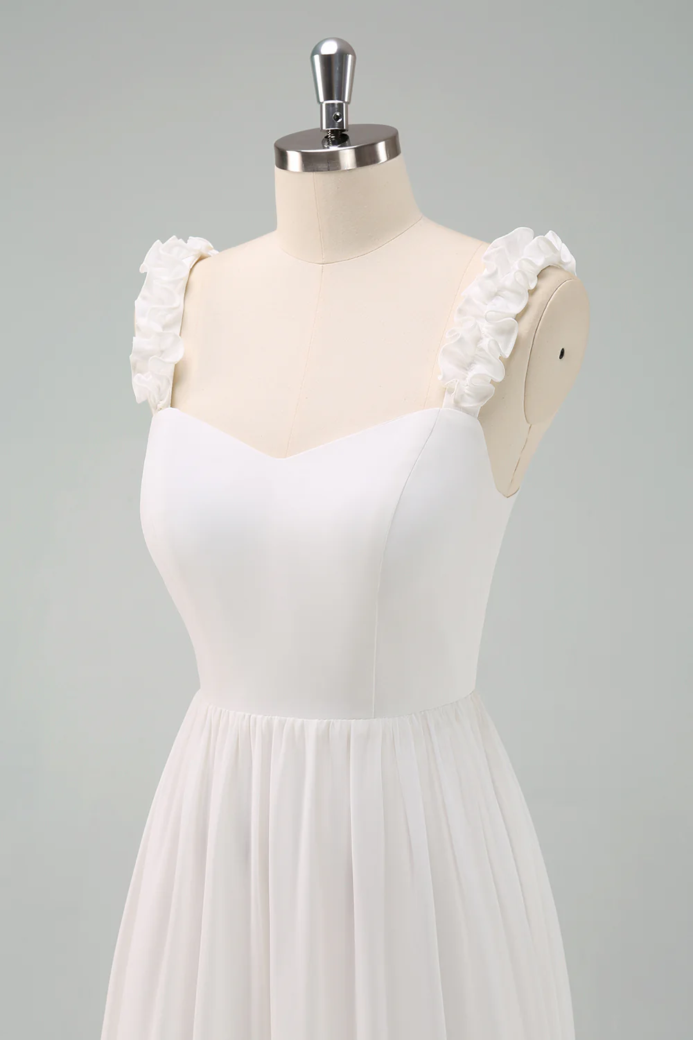 White A Line Ruffled Bride Dress with Bow - JUORTHO