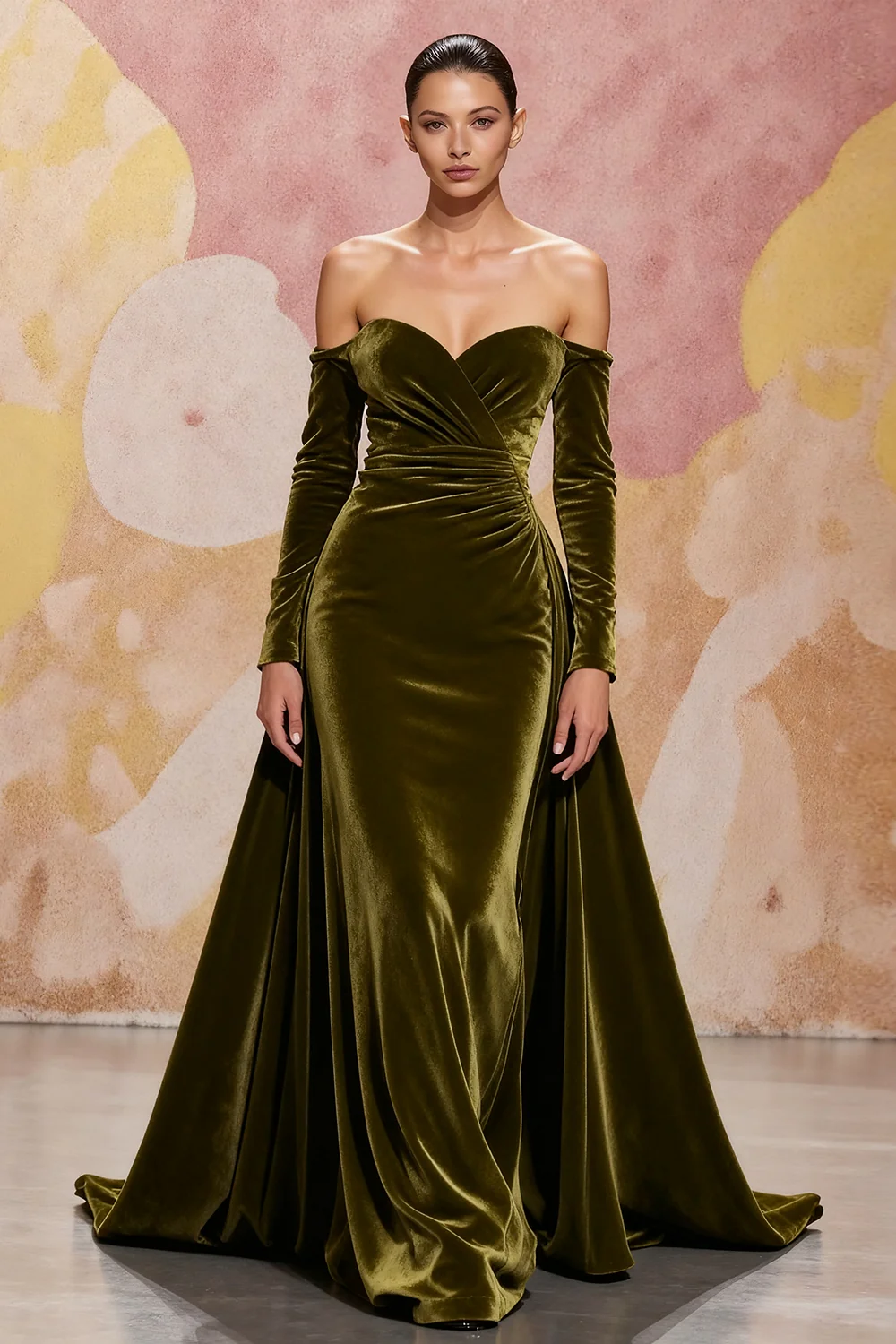 Dark Red Velvet Off the Shoulder A Line Long Evening Dress with Sleeves - JUORTHO