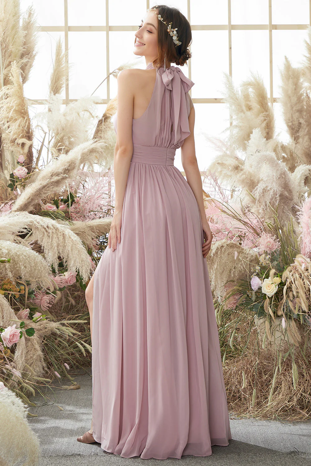 Halter Pleated Chiffon Bridesmaid Dress - JUORTHO