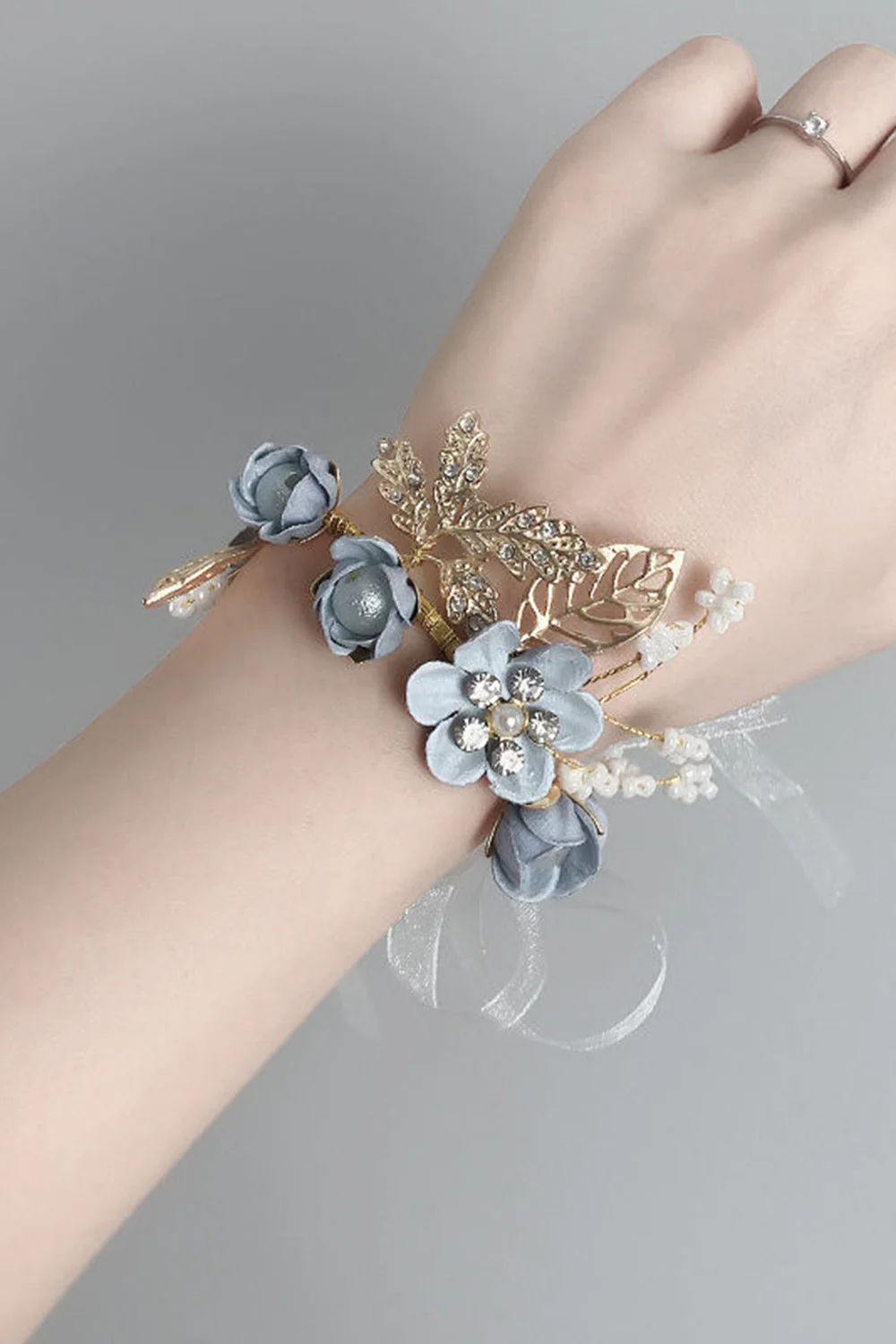Sophisticated Blue Wrist Corsage with Rhinestone - JUORTHO