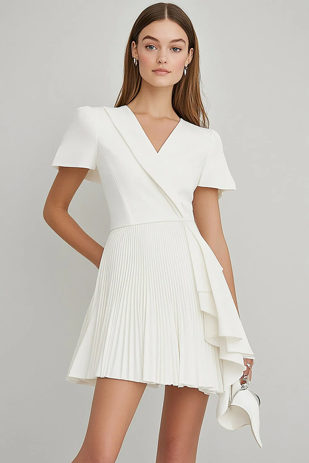 Ivory A Line Satin Ruffled Short Work Blazer Dress with Sleeves - JUORTHO
