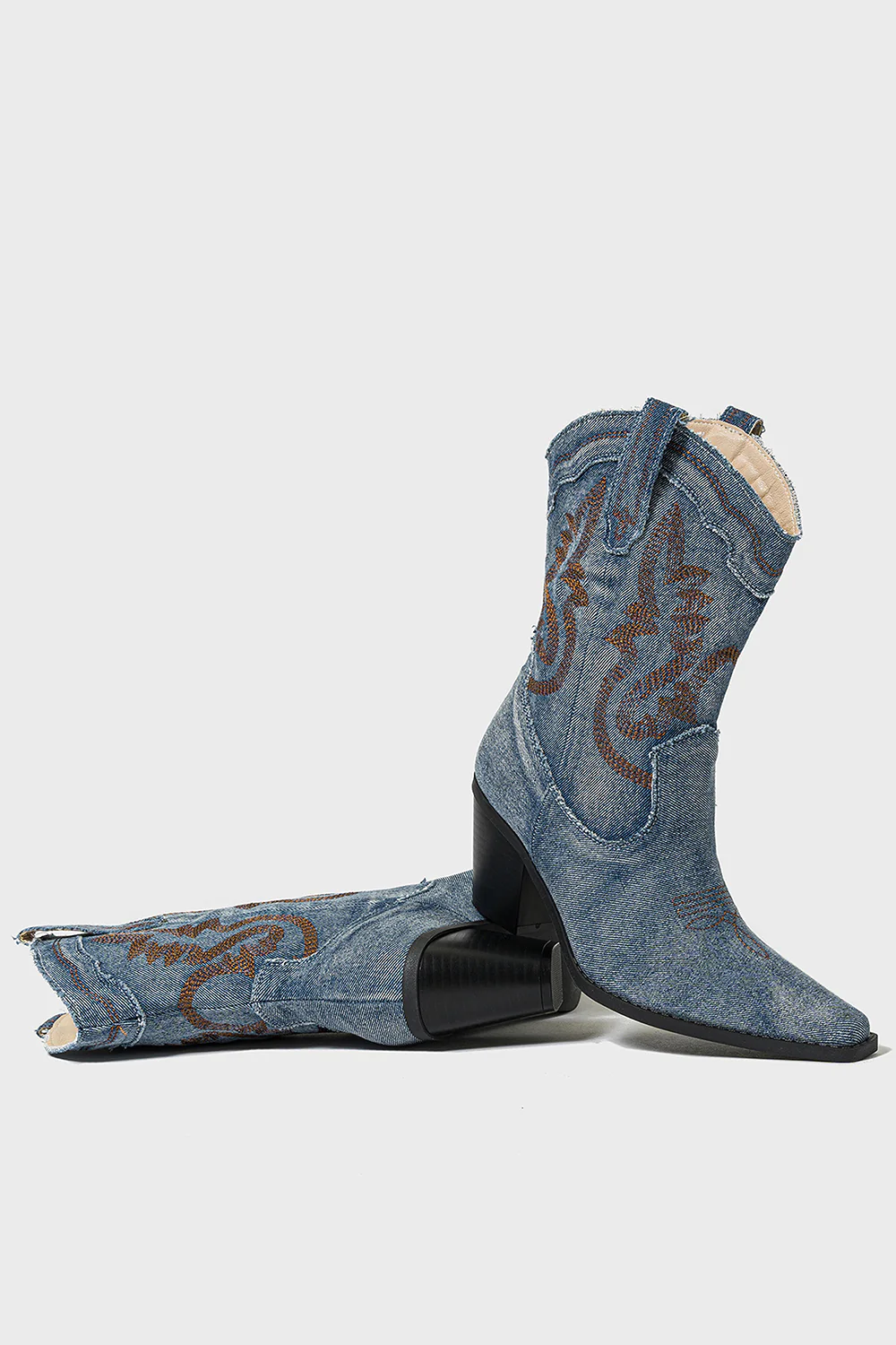 Dark Blue Embroidered Wide Calf Chunky Heel Western Cowgirl Boots - JUORTHO