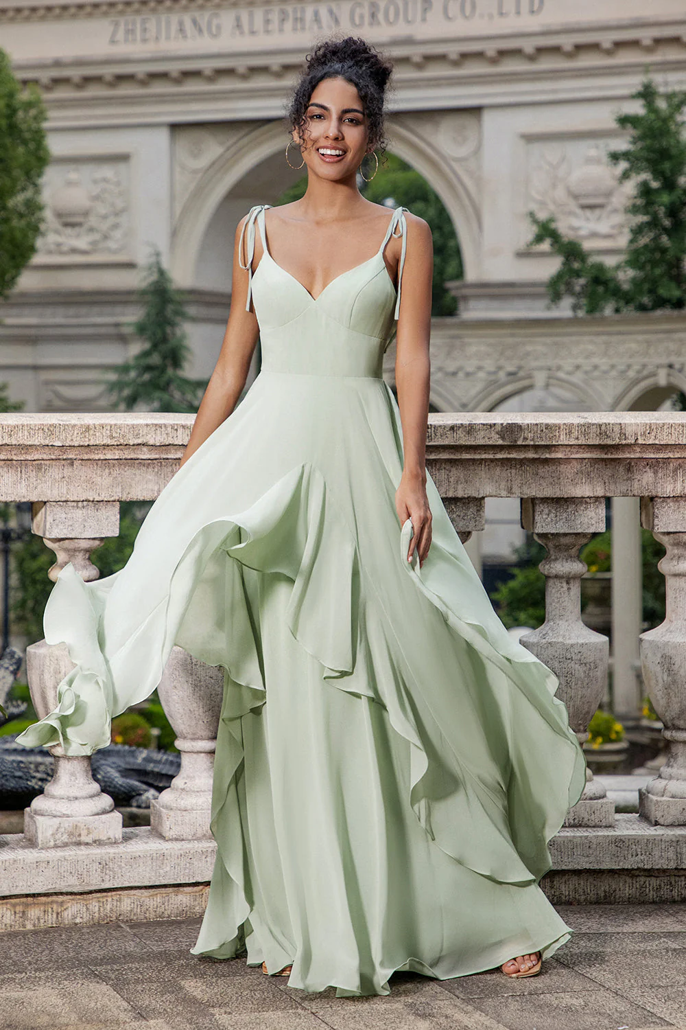 Matcha A Line Spaghetti Straps Long Bridesmaid Dress with Ruffles - JUORTHO