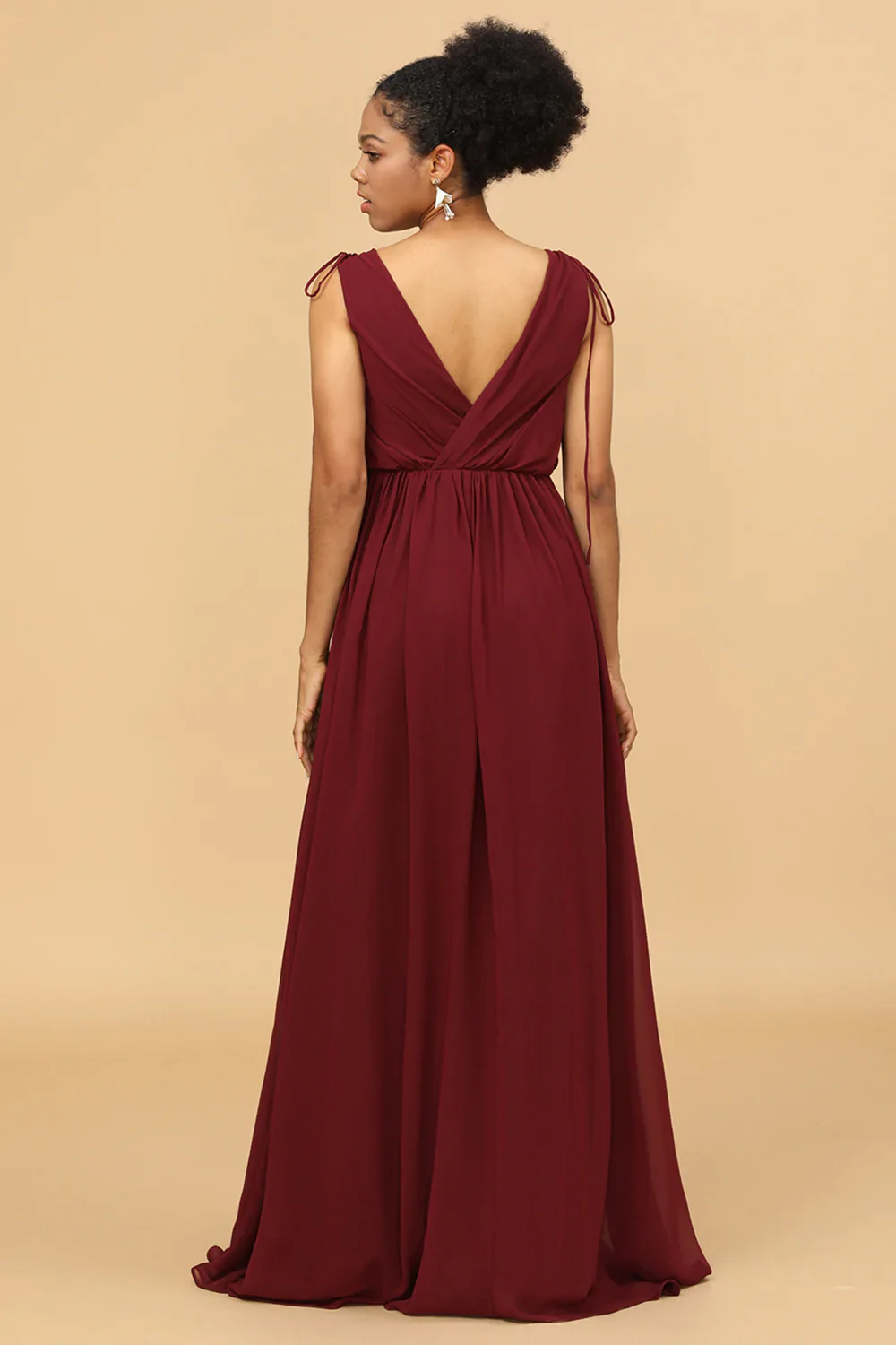 Burgundy V-Neck Lace Up Bridesmaid Dress With Slit - JUORTHO