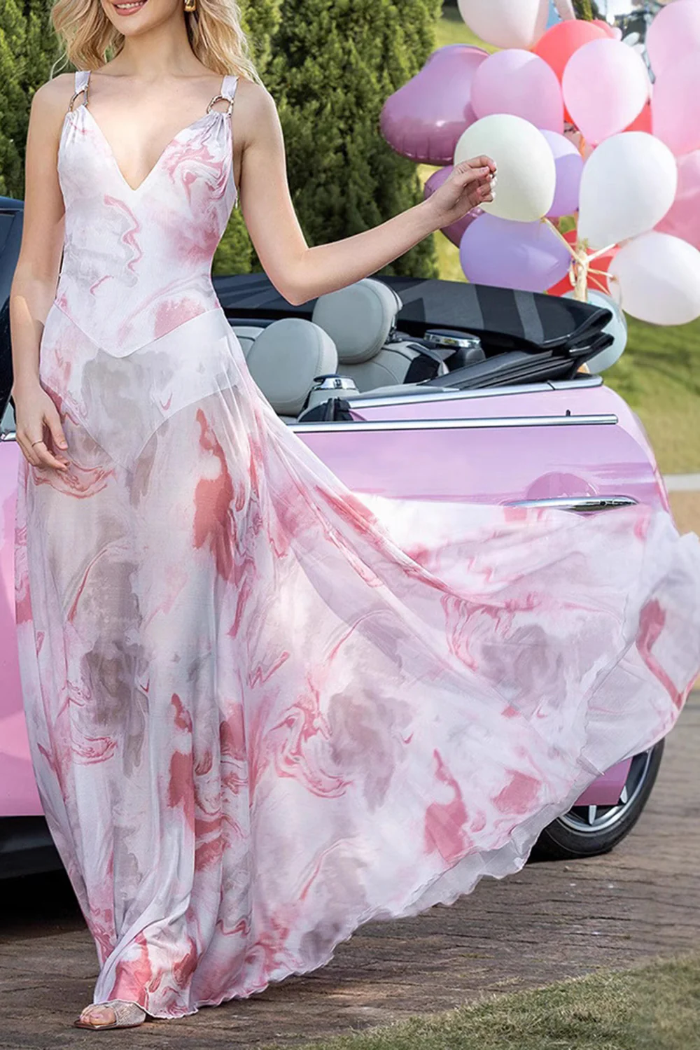 Blush Print Sheath V-Neck Chiffon Backless Long Prom Dress - JUORTHO