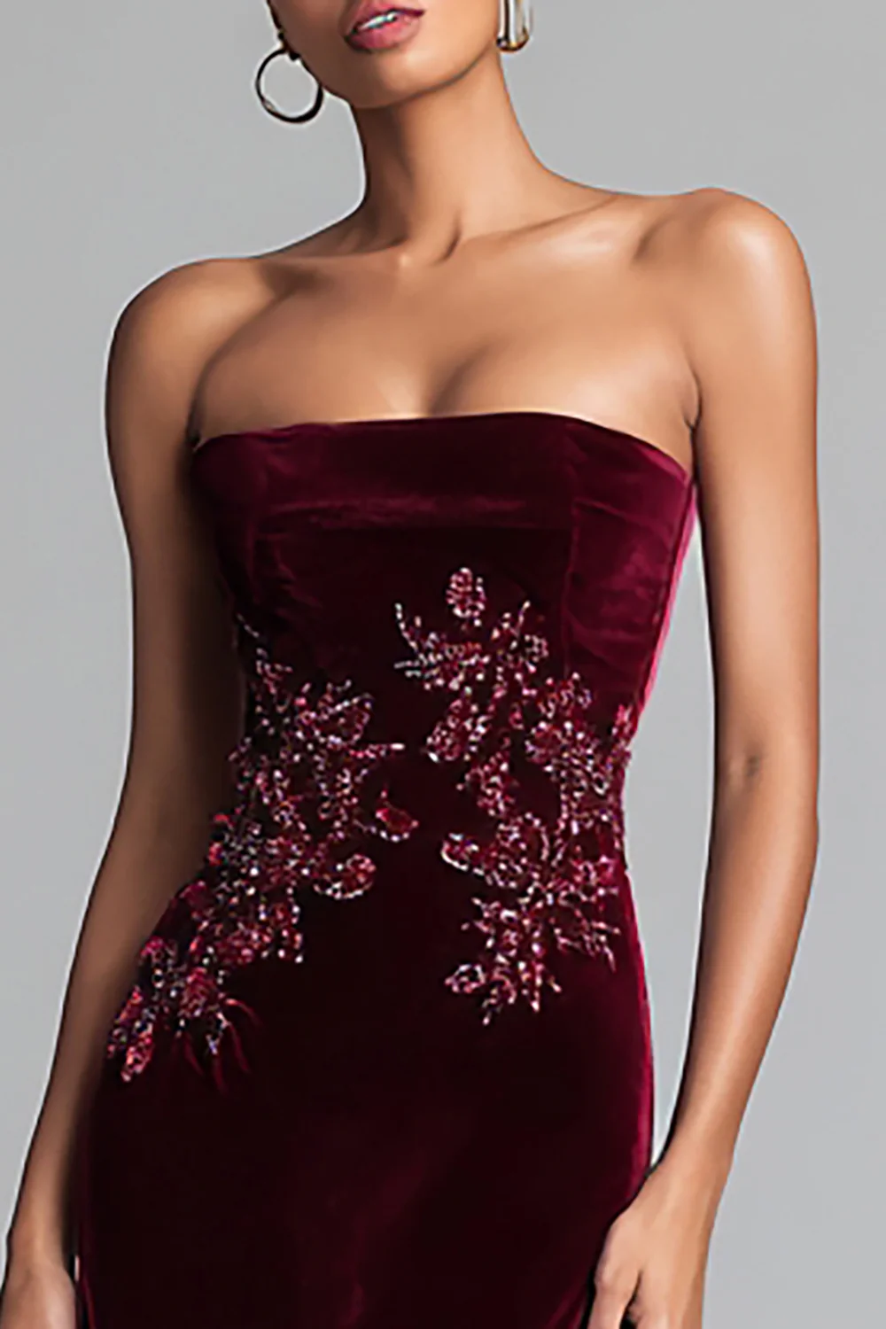 Burgundy Strapless Velvet Floral Long Holiday Party Dress - JUORTHO