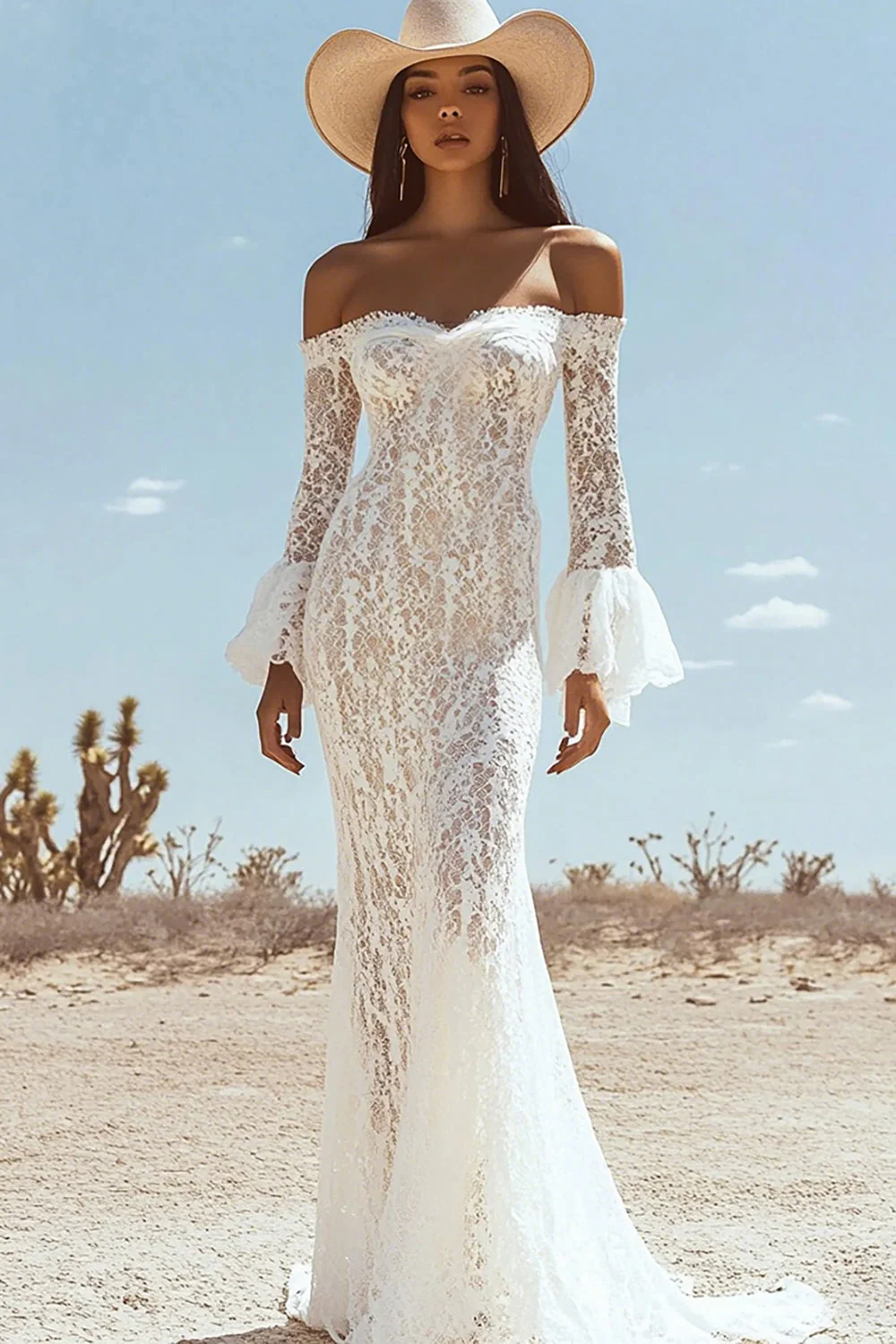 White Lace Off The Shoulder Mermaid Boho Maxi Dress with Sleeves - JUORTHO