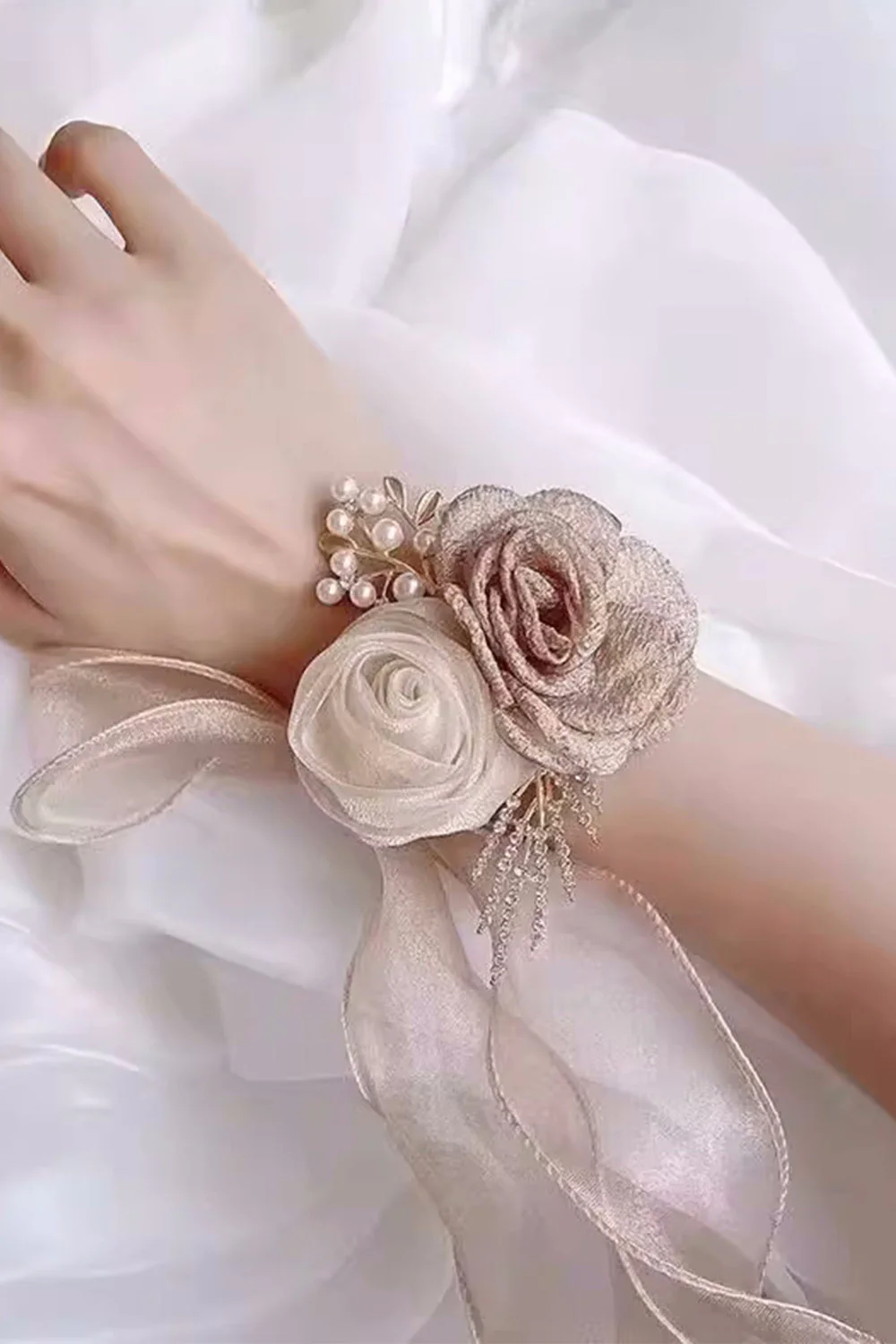Champagne Pearl Prom Wrist Corsage for Wedding - JUORTHO
