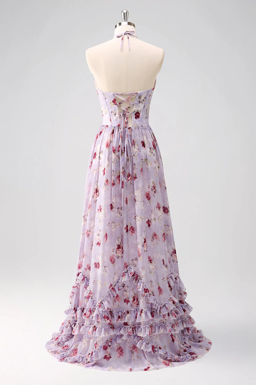 Grey Purple Floral A Line Corset Halter Bridesmaid Dress with Slit - JUORTHO