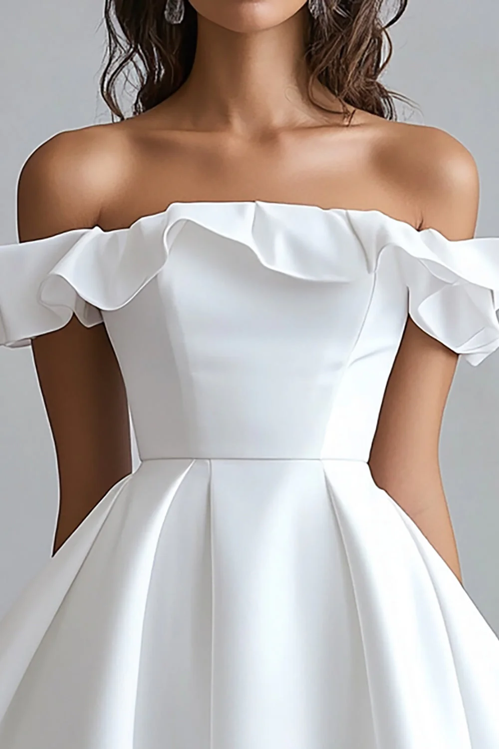 A Line White Satin Off the Shoulder Mini Graduation Dress with Ruffles - JUORTHO