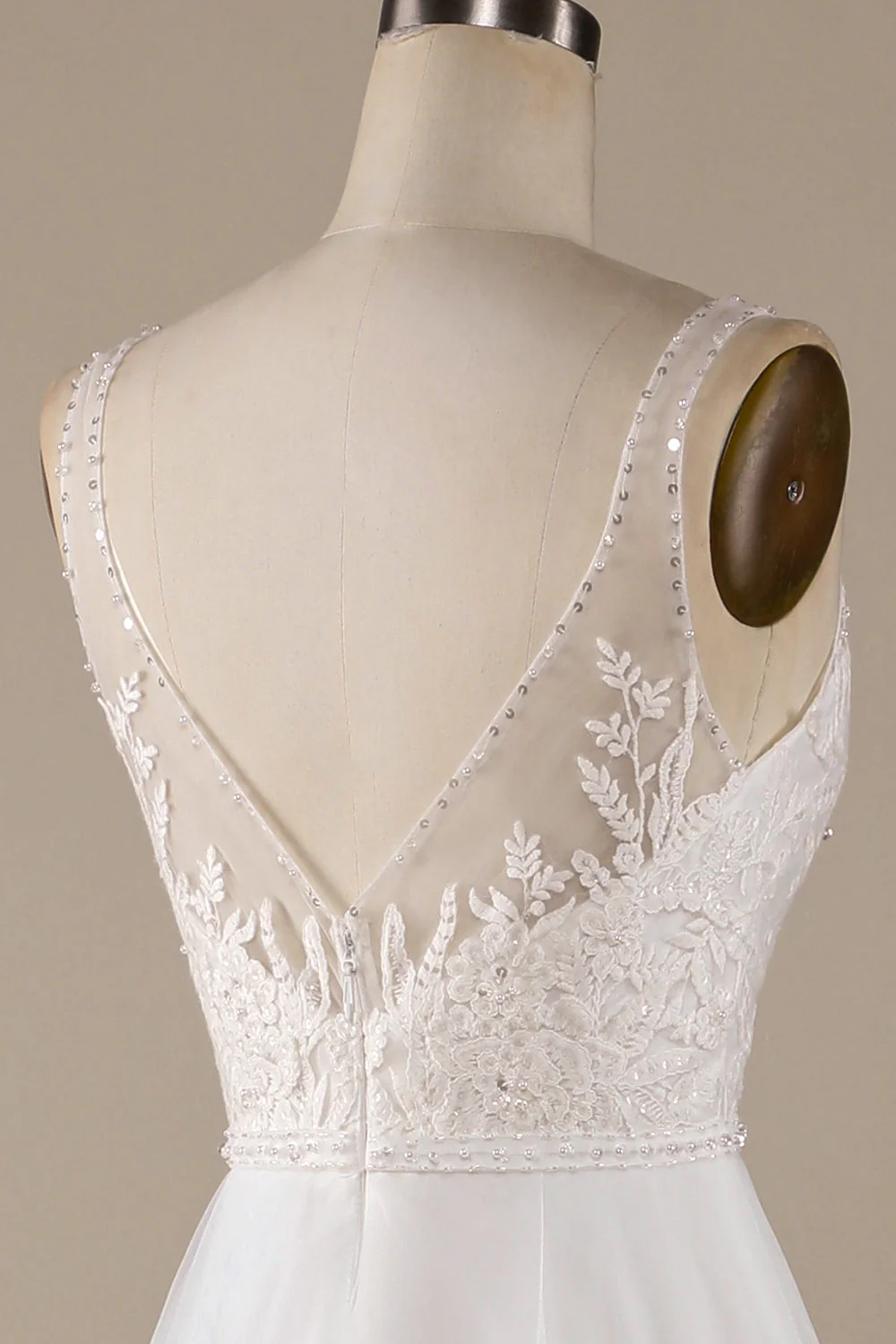 Ivory V-Neck Tulle Sweep Train Wedding Dress with Lace - JUORTHO