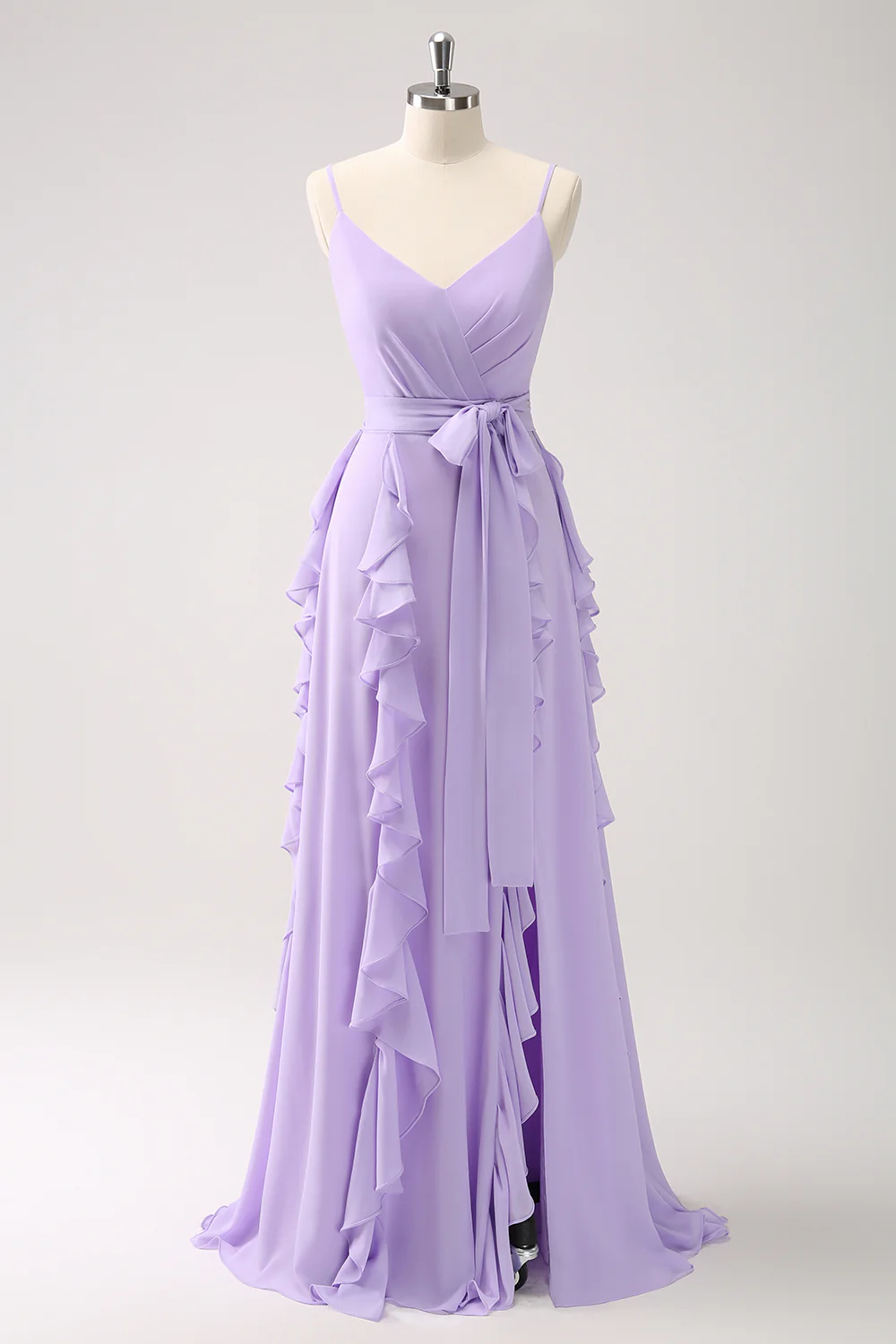Lilac Chiffon Spaghetti Straps Long Bridesmaid Dress With Slit - JUORTHO