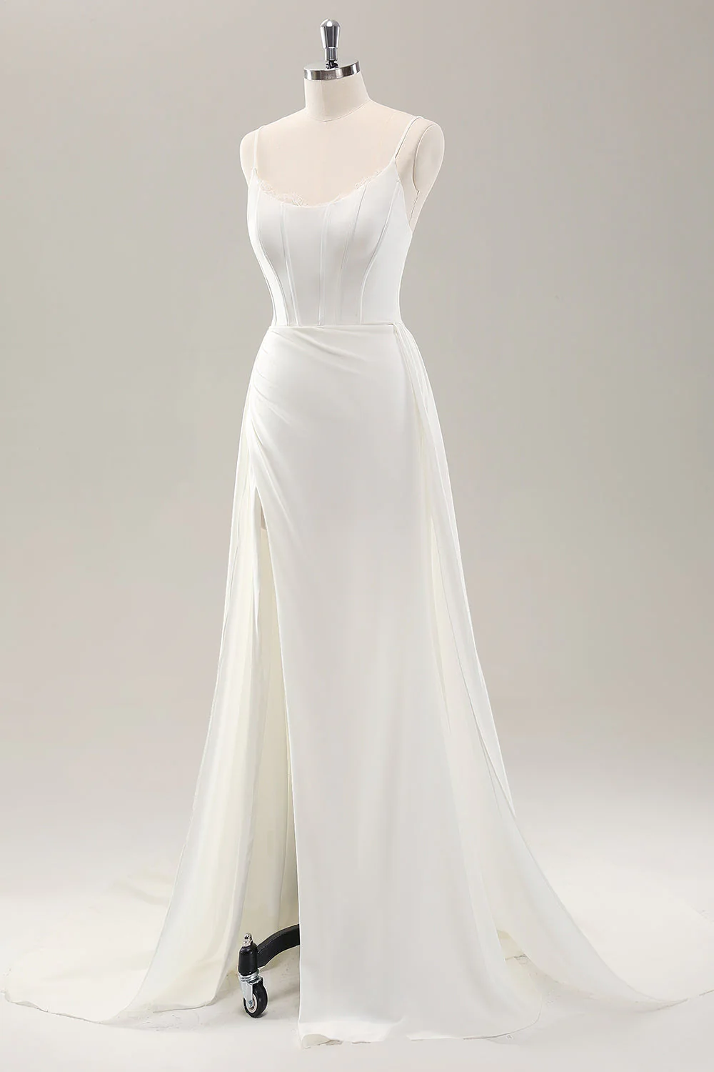 White Spaghetti Straps Satin Sweep Train Wedding Dress with Slit - JUORTHO
