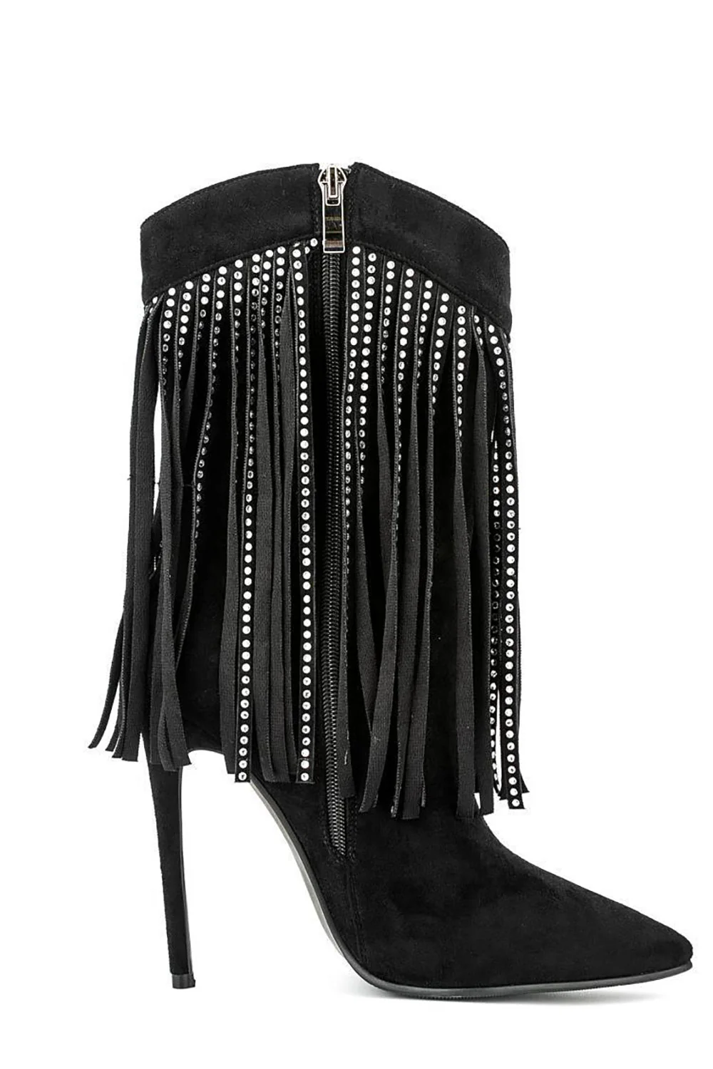 Black Suede Rhinestone Fringed Stiletto Heels Ankle Boots - JUORTHO