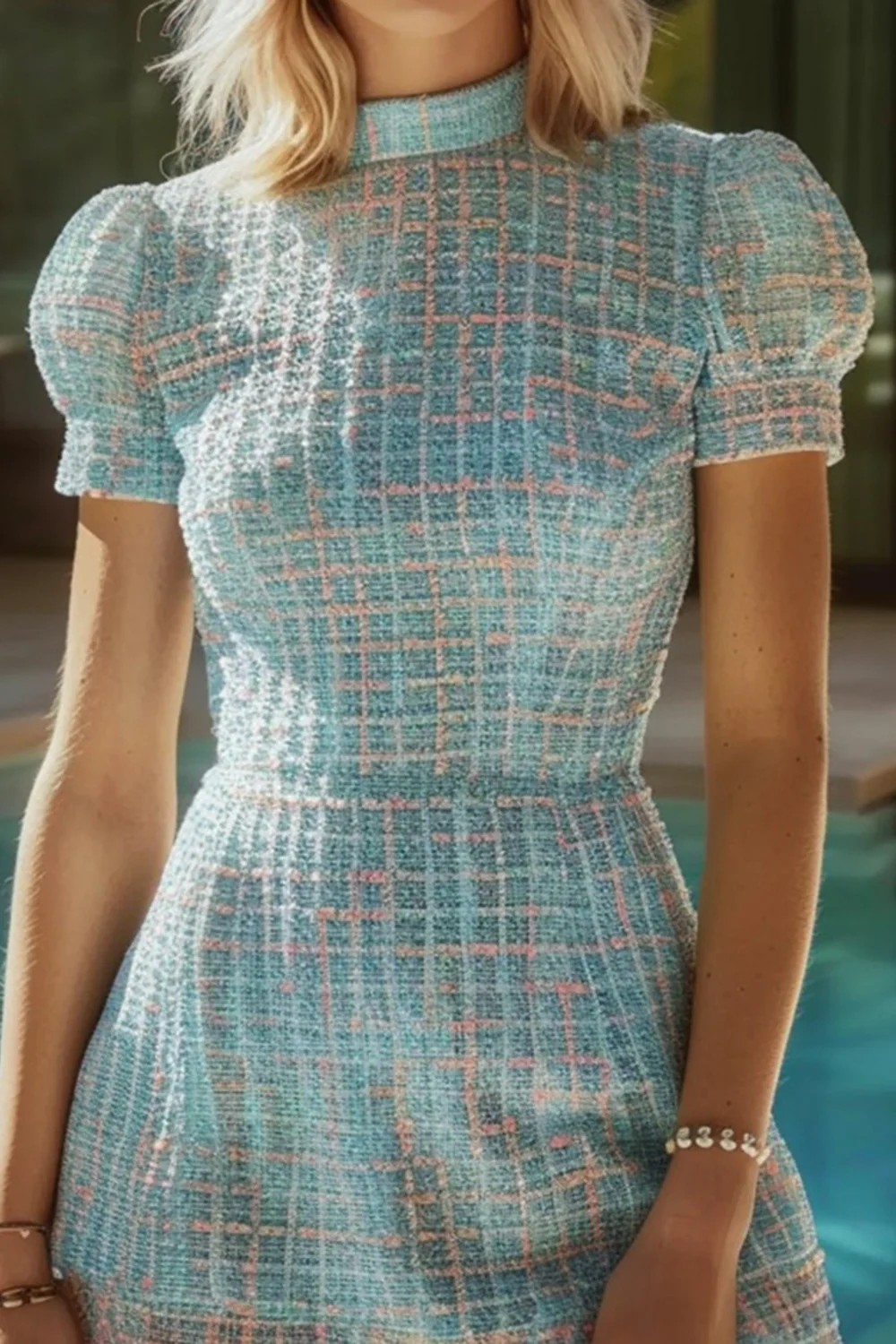 Blue Plaid Tight High Neck Tweed Short Homecoming Dress with Sleeves - JUORTHO